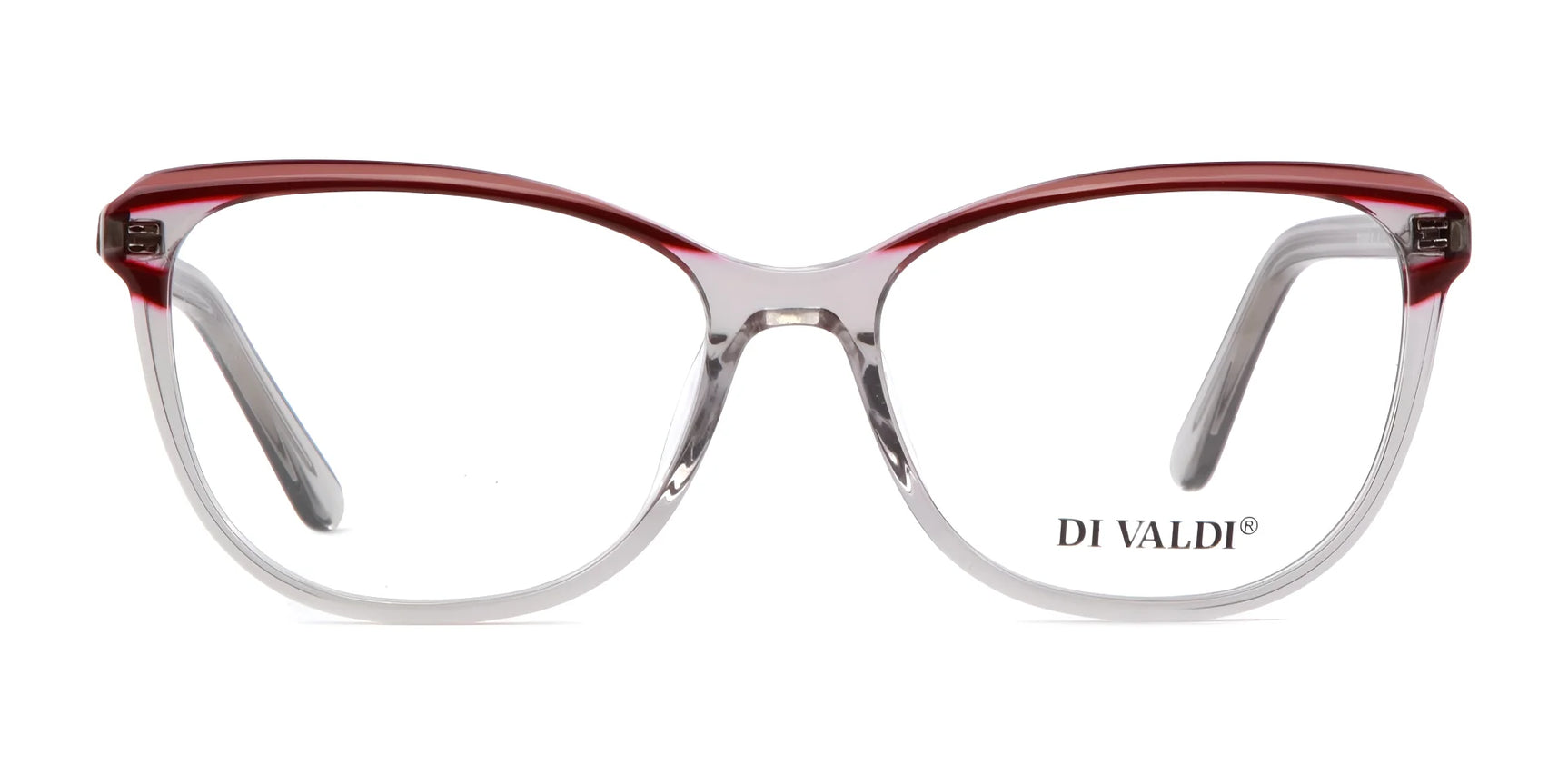 The Di Valdi DVO8178 eyeglasses feature a clear cat-eye shape with a bold red upper rim and the Di Valdi logo on the right lens, offering a stylish and modern look. The Di Valdi DVO8178 eyeglasses feature a clear cat-eye shape with a bold red upper rim and the Di Valdi logo on the right lens, offering a stylish and modern look.