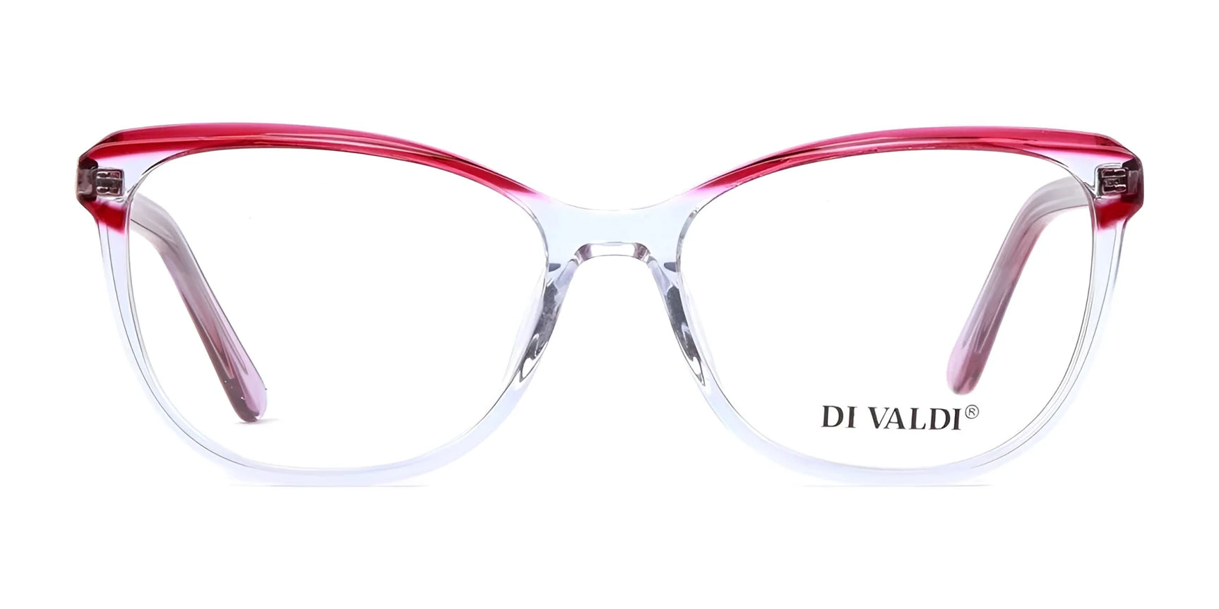 Di Valdi DVO8178 Eyeglasses showcase red and clear cat eye frames with the Di Valdi brand name on the right lens, front view. Di Valdi DVO8178 Eyeglasses showcase red and clear cat eye frames with the Di Valdi brand name on the right lens, front view.