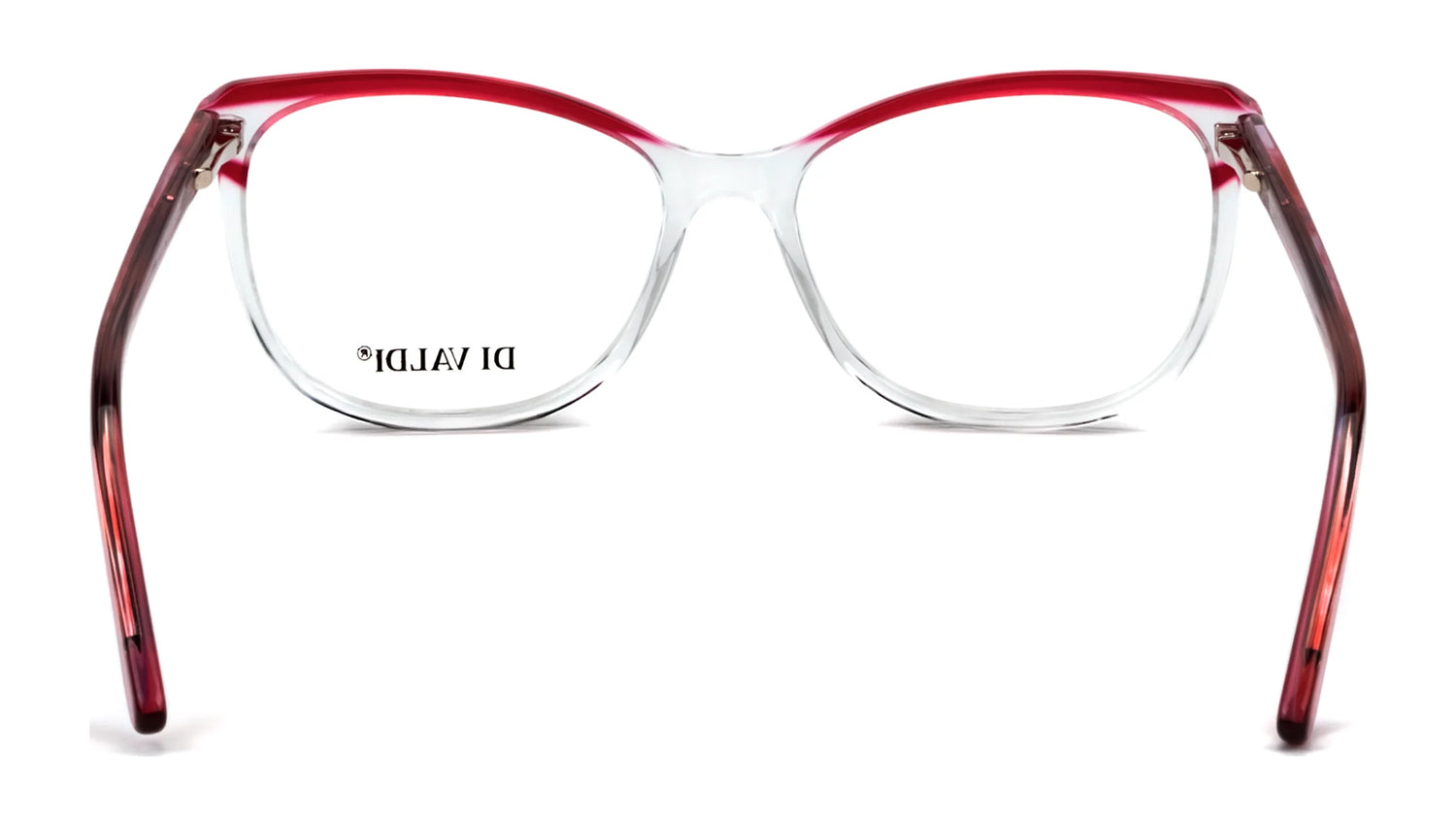 The Di Valdi DVO8178 Eyeglasses feature a red and clear gradient cat eye design, viewed from the front with the Di Valdi logo on the lens for a chic, stylish look. The Di Valdi DVO8178 Eyeglasses feature a red and clear gradient cat eye design, viewed from the front with the Di Valdi logo on the lens for a chic, stylish look.