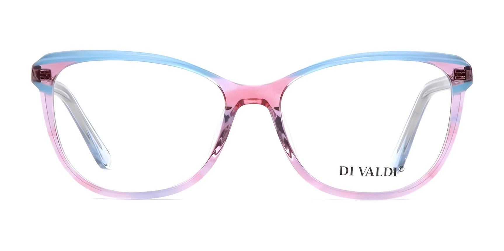 Di Valdi DVO8178 Eyeglasses showcase a blue and pink gradient cat-eye frame with clear arms and "DI VALDI" on the right lens. Di Valdi DVO8178 Eyeglasses showcase a blue and pink gradient cat-eye frame with clear arms and "DI VALDI" on the right lens.