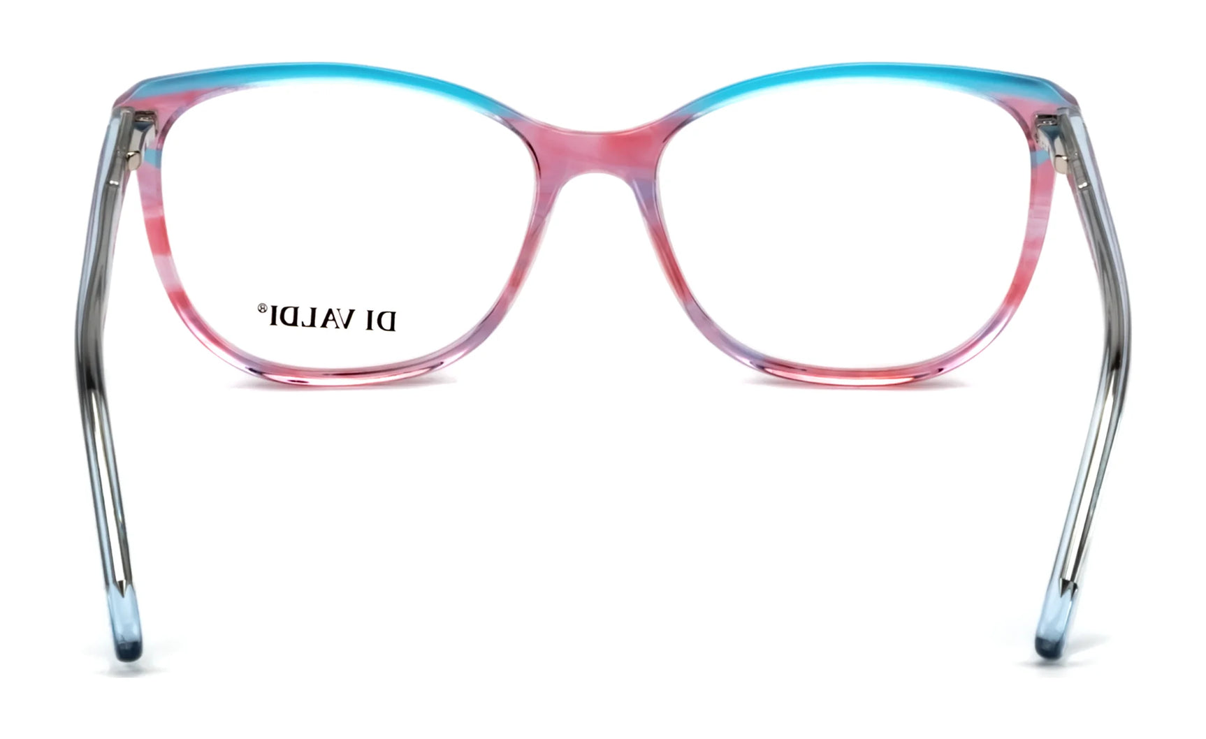 The Di Valdi DVO8178 Eyeglasses by Di Valdi feature a stylish cat eye shape and a blue-pink gradient, shown from the front. The Di Valdi DVO8178 Eyeglasses by Di Valdi feature a stylish cat eye shape and a blue-pink gradient, shown from the front.