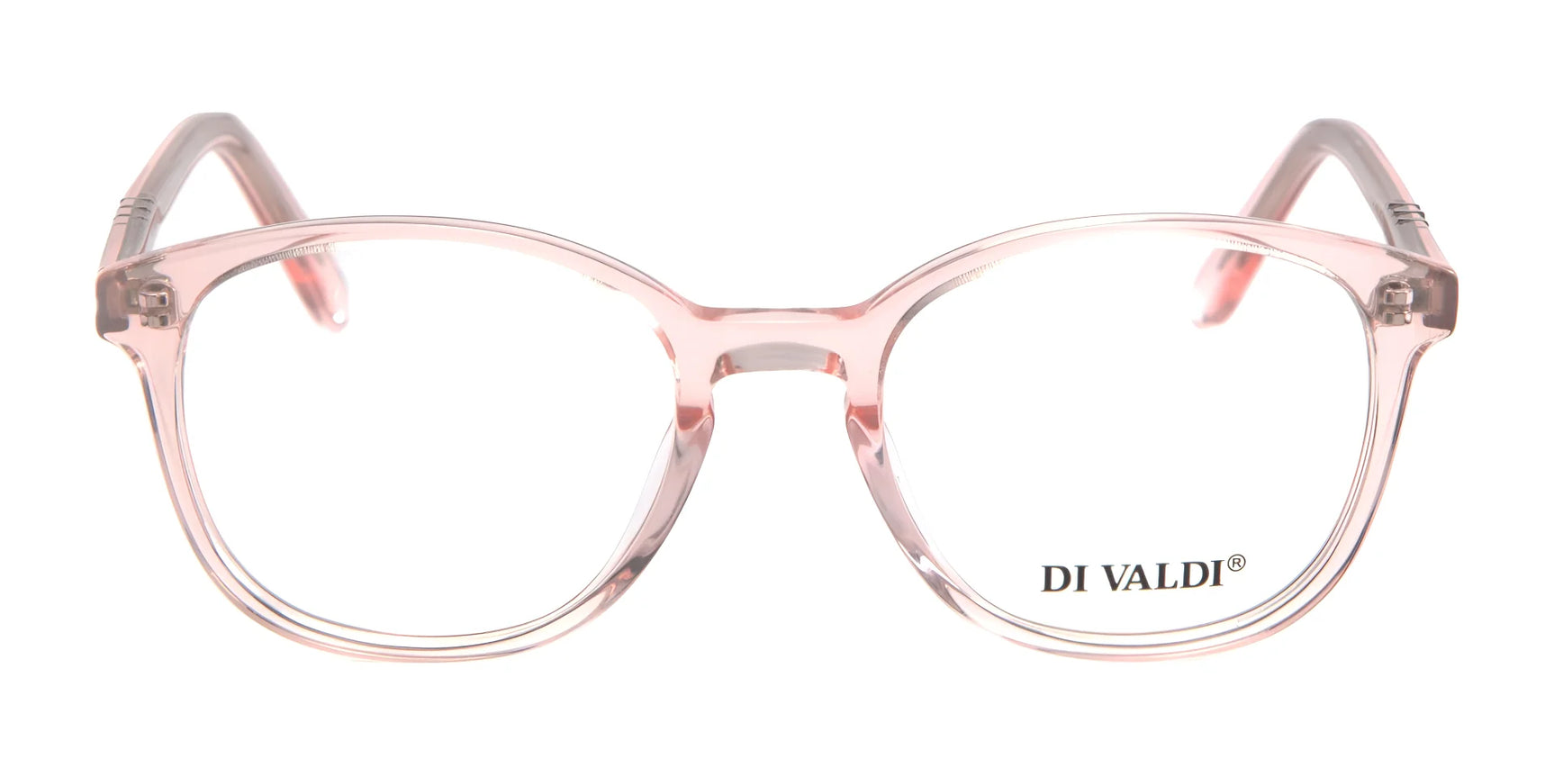 Clear pink Di Valdi DVO8180 Eyeglasses, size 48, with round frames and "DI VALDI" logo on the right lens—luxurious style meets timeless elegance. Clear pink Di Valdi DVO8180 Eyeglasses, size 48, with round frames and "DI VALDI" logo on the right lens—luxurious style meets timeless elegance.