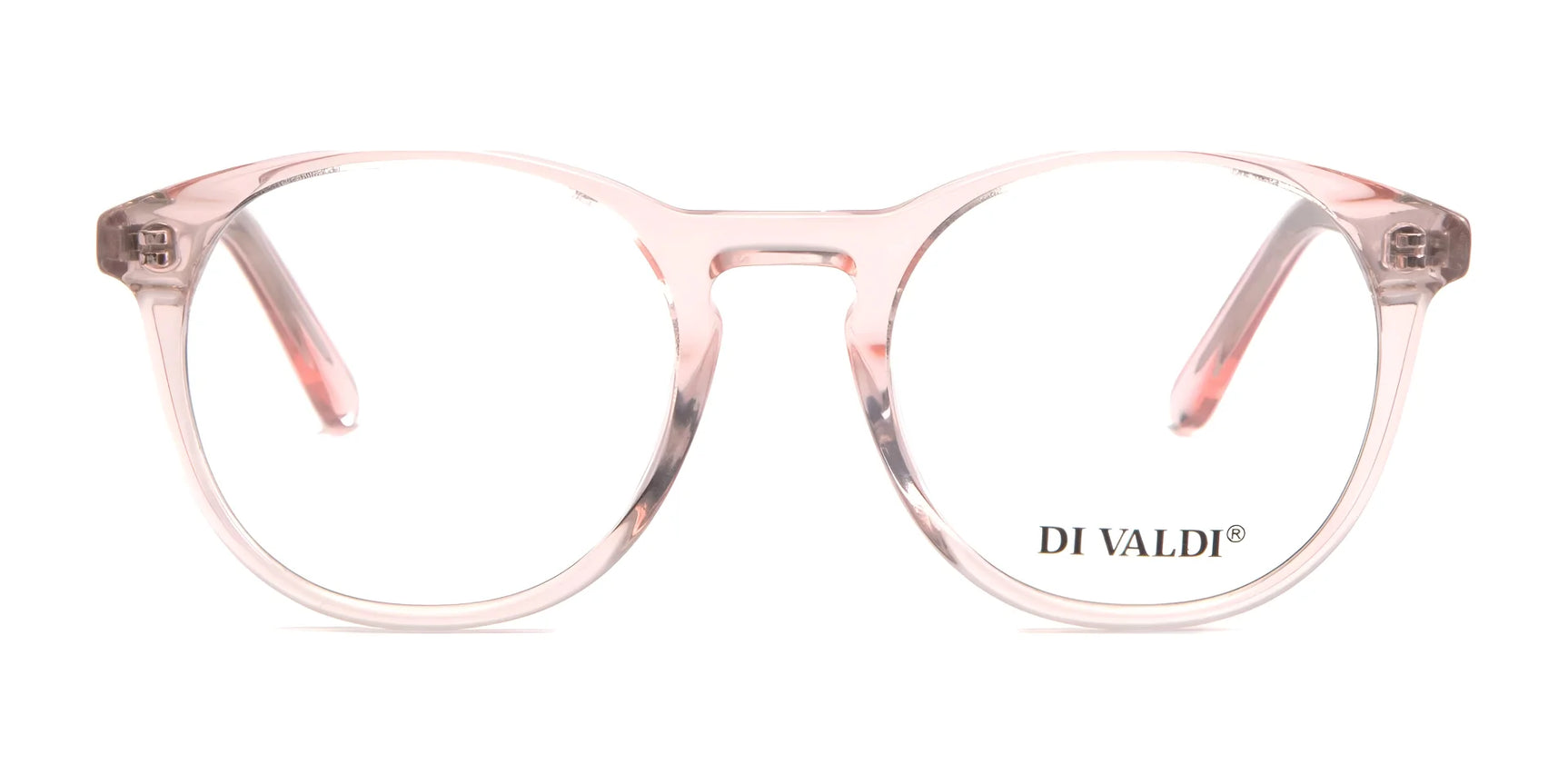 Di Valdi DVO8181 eyeglasses in size 48, featuring clear round frames with pink accents and the Di Valdi logo on the right lens, shown front-facing. Stylish women's eyewear for a modern look. Di Valdi DVO8181 eyeglasses in size 48, featuring clear round frames with pink accents and the Di Valdi logo on the right lens, shown front-facing. Stylish women's eyewear for a modern look.