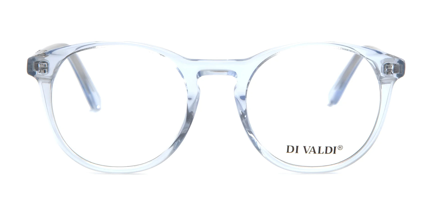 Di Valdi DVO8181 Eyeglasses for women feature clear, round transparent frames, front view, with the "DI VALDI" logo on one lens. Size 48. Di Valdi DVO8181 Eyeglasses for women feature clear, round transparent frames, front view, with the "DI VALDI" logo on one lens. Size 48.