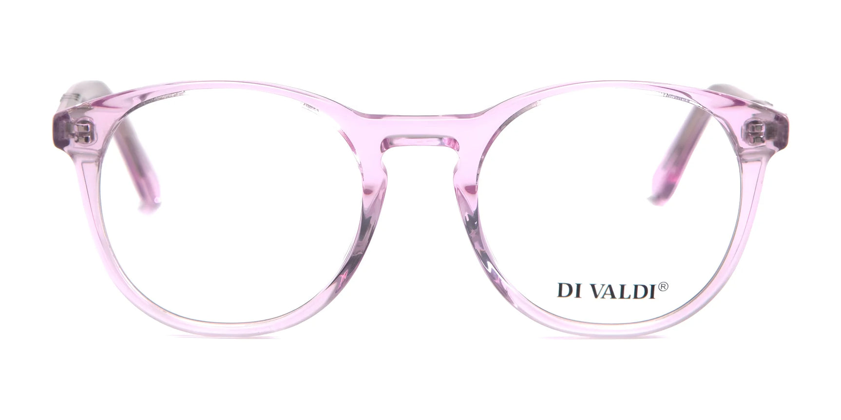 Front view of Di Valdi DVO8181 Eyeglasses (Size 48)—clear light pink, round frame with "DI VALDI" logo on the right lens—an elegant women's eyewear choice. Front view of Di Valdi DVO8181 Eyeglasses (Size 48)—clear light pink, round frame with "DI VALDI" logo on the right lens—an elegant women's eyewear choice.