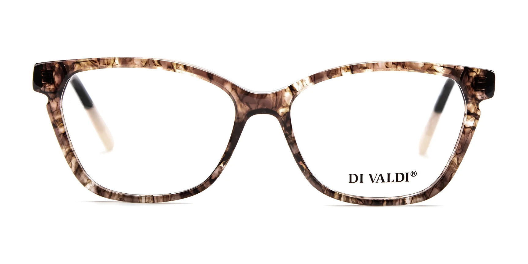 Di Valdi DVO8182 Cat Eye Full-Rim eyeglasses in brown marble, size 52, with Di Valdi logo on the right lens, displayed on a white background. Di Valdi DVO8182 Cat Eye Full-Rim eyeglasses in brown marble, size 52, with Di Valdi logo on the right lens, displayed on a white background.
