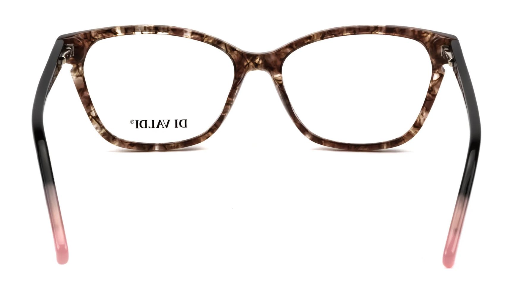 Di Valdi DVO8182 Eyeglasses | Size 52 feature brown tortoiseshell cat-eye full-rim frames with gradient arms fading to pink, shown front-facing on a white background. Di Valdi DVO8182 Eyeglasses | Size 52 feature brown tortoiseshell cat-eye full-rim frames with gradient arms fading to pink, shown front-facing on a white background.