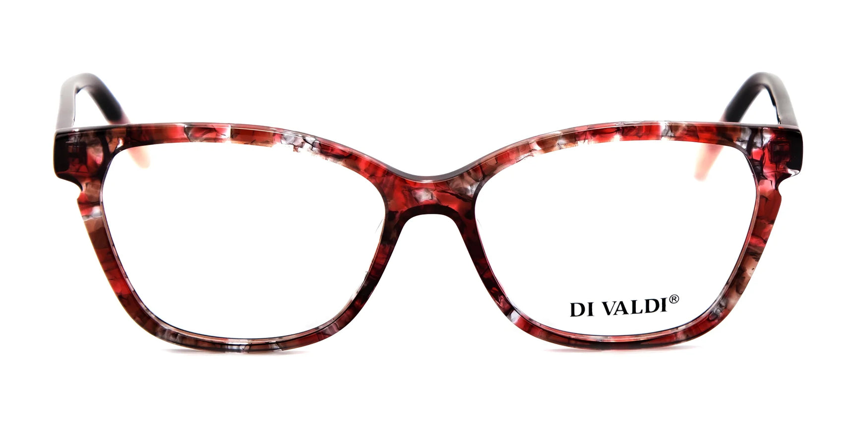 Di Valdi DVO8182 Eyeglasses | Size 52 feature a red and black marbled cat eye full-rim design with the "DI VALDI" logo on the right lens. Di Valdi DVO8182 Eyeglasses | Size 52 feature a red and black marbled cat eye full-rim design with the "DI VALDI" logo on the right lens.