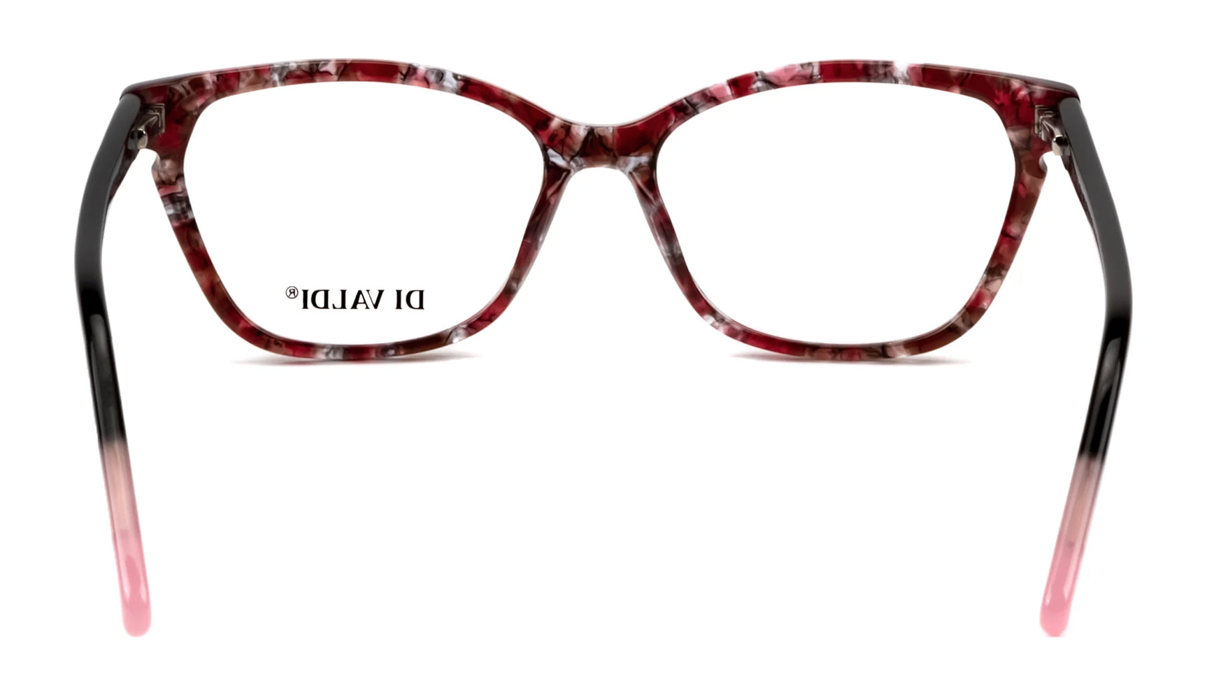 The Di Valdi DVO8182 Eyeglasses | Size 52 feature a red, white, and black marbled design with full-rim rectangular lenses, shown from the front. The Di Valdi DVO8182 Eyeglasses | Size 52 feature a red, white, and black marbled design with full-rim rectangular lenses, shown from the front.
