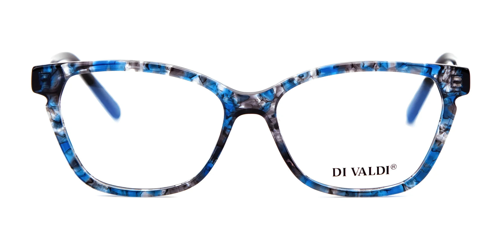 The Di Valdi DVO8182 Eyeglasses | Size 52 feature a blue and gray marbled cat eye full-rim design with clear lenses and the "DI VALDI" logo on the right lens. The Di Valdi DVO8182 Eyeglasses | Size 52 feature a blue and gray marbled cat eye full-rim design with clear lenses and the "DI VALDI" logo on the right lens.