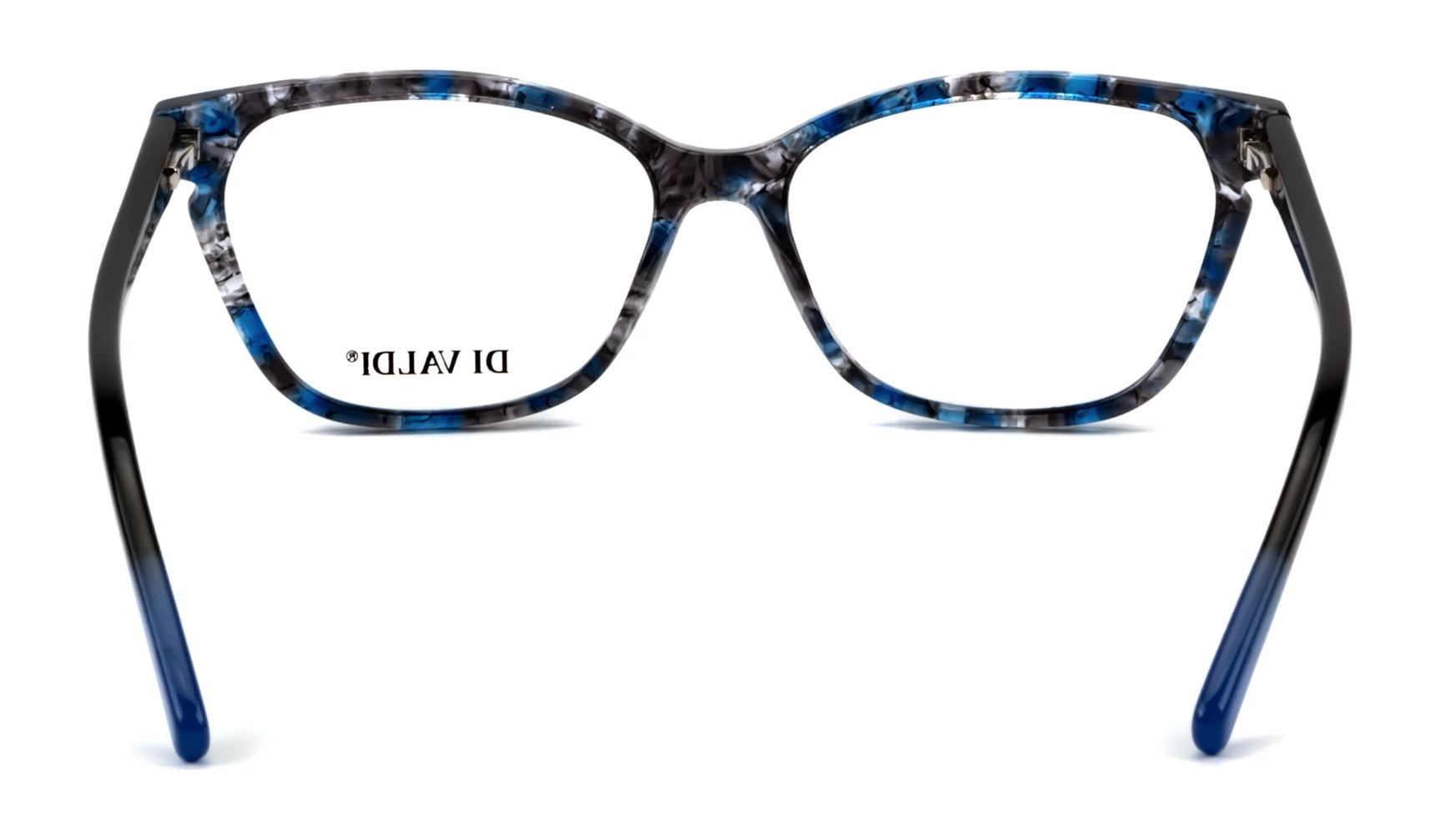 The Di Valdi DVO8182 Eyeglasses | Size 52 feature a stylish blue, black, and white marbled cat eye full-rim frame with "DI VALDI" on the left lens. The Di Valdi DVO8182 Eyeglasses | Size 52 feature a stylish blue, black, and white marbled cat eye full-rim frame with "DI VALDI" on the left lens.