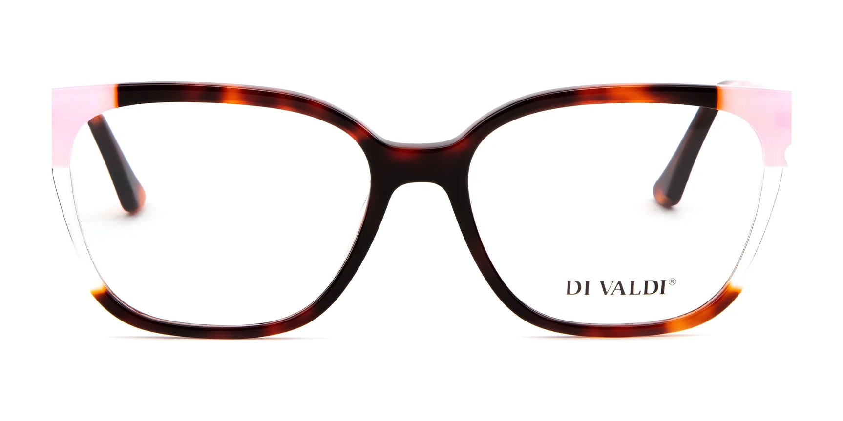 Di Valdi DVO8183 Eyeglasses | Size 53: Tortoiseshell full-rim square frames with pink accents and “DI VALDI” logo on the right lens. Di Valdi DVO8183 Eyeglasses | Size 53: Tortoiseshell full-rim square frames with pink accents and “DI VALDI” logo on the right lens.