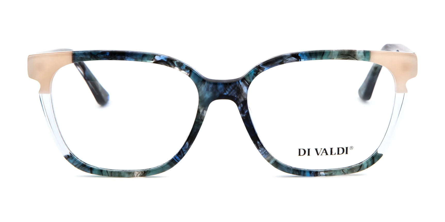 Front view of blue and beige full-rim rectangular Di Valdi DVO8183 Eyeglasses (Size 53) featuring the "DI VALDI" logo on the right lens. Front view of blue and beige full-rim rectangular Di Valdi DVO8183 Eyeglasses (Size 53) featuring the "DI VALDI" logo on the right lens.