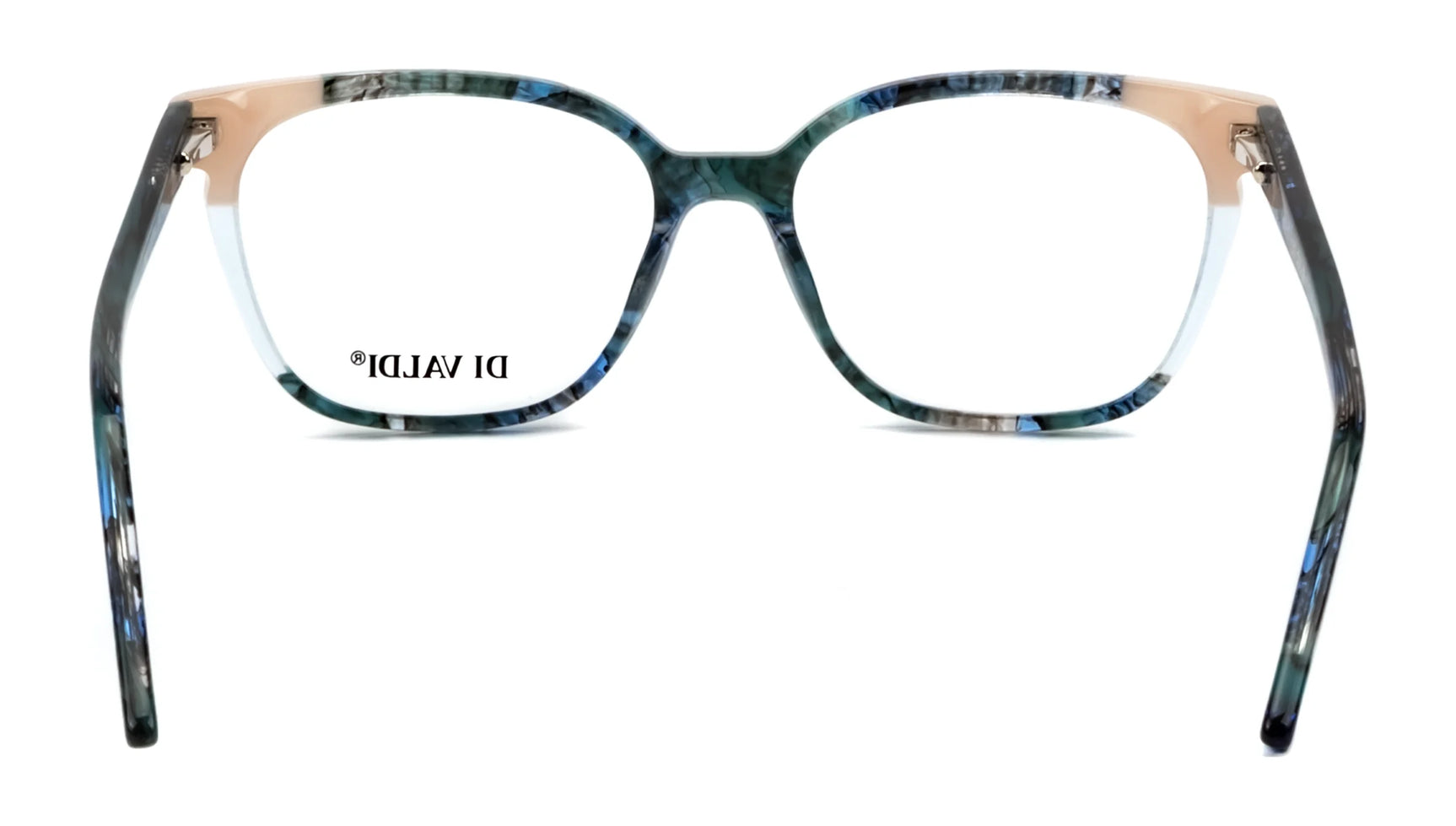 Front view of Di Valdi DVO8183 Eyeglasses in size 53, featuring full-rim rectangular frames with multicolored teal and beige hues and the Di Valdi logo—a modern style for a bold statement. Front view of Di Valdi DVO8183 Eyeglasses in size 53, featuring full-rim rectangular frames with multicolored teal and beige hues and the Di Valdi logo—a modern style for a bold statement.
