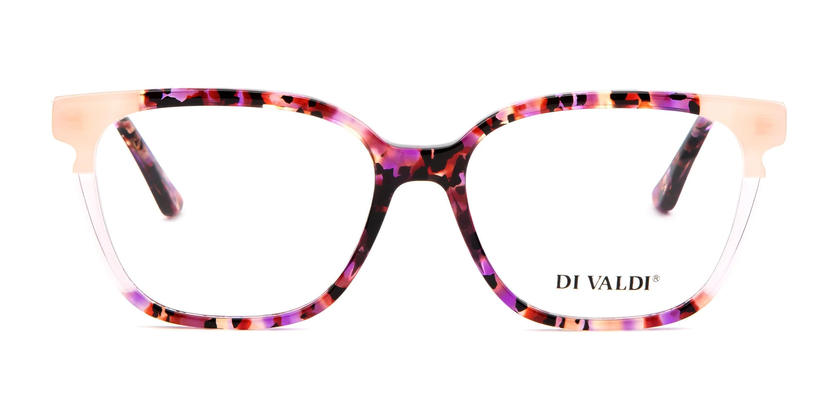 Front view of Di Valdi DVO8183 Eyeglasses | Size 53 with a colorful square full-rim design and the "DI VALDI" logo on the right lens. Front view of Di Valdi DVO8183 Eyeglasses | Size 53 with a colorful square full-rim design and the "DI VALDI" logo on the right lens.