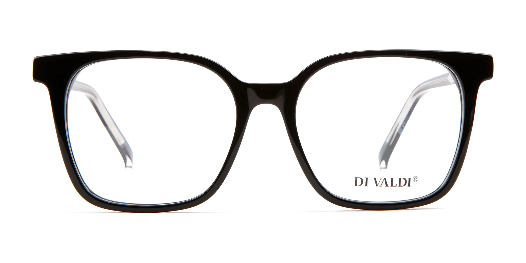 The Di Valdi DVO8186 eyeglasses in size 51 feature a sleek black rectangular frame with clear lenses and "DI VALDI" branding on the right lens. The Di Valdi DVO8186 eyeglasses in size 51 feature a sleek black rectangular frame with clear lenses and "DI VALDI" branding on the right lens.
