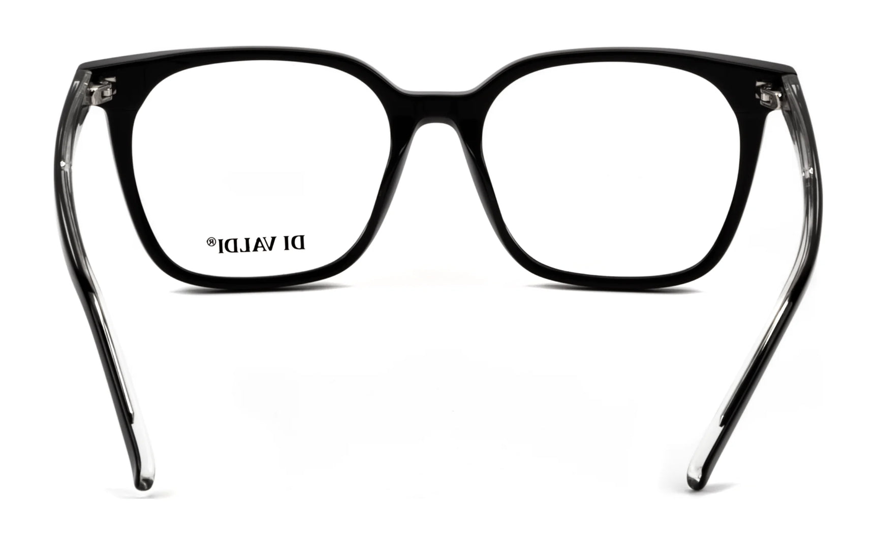 The Di Valdi DVO8186 Eyeglasses (Size 51) feature a sleek black rectangular frame with clear temple arms, shown from the front on a white background. Enjoy modern style and comfort with these Di Valdi eyeglasses. The Di Valdi DVO8186 Eyeglasses (Size 51) feature a sleek black rectangular frame with clear temple arms, shown from the front on a white background. Enjoy modern style and comfort with these Di Valdi eyeglasses.