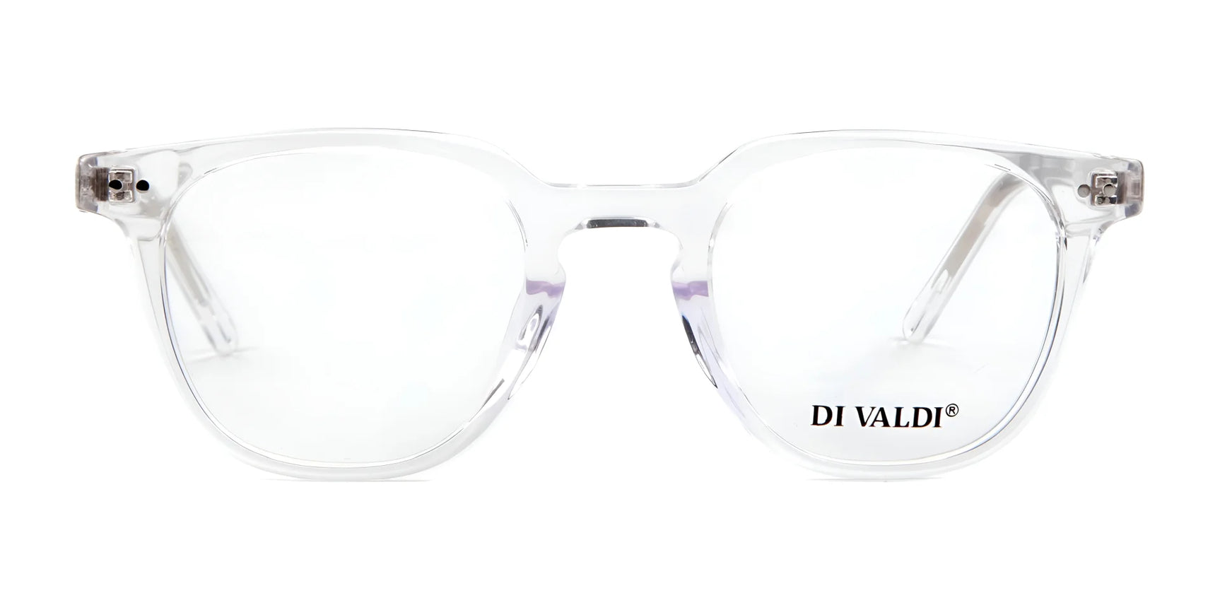 Discover the Di Valdi DVO8187 Eyeglasses | Size 47—clear-framed, prescription-ready eyewear with transparent lenses and the "DI VALDI" logo on the right lens. Discover the Di Valdi DVO8187 Eyeglasses | Size 47—clear-framed, prescription-ready eyewear with transparent lenses and the "DI VALDI" logo on the right lens.