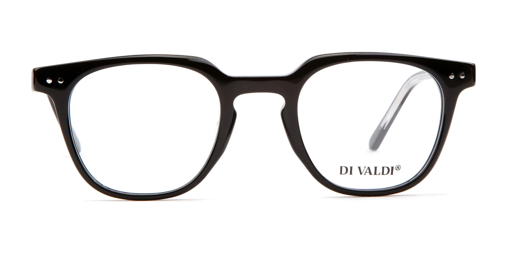 Di Valdi DVO8187 Eyeglasses | Size 47 feature a sleek black rectangular frame, clear prescription-ready lenses, and the DI VALDI logo on the right lens, shown against a white background. Di Valdi DVO8187 Eyeglasses | Size 47 feature a sleek black rectangular frame, clear prescription-ready lenses, and the DI VALDI logo on the right lens, shown against a white background.
