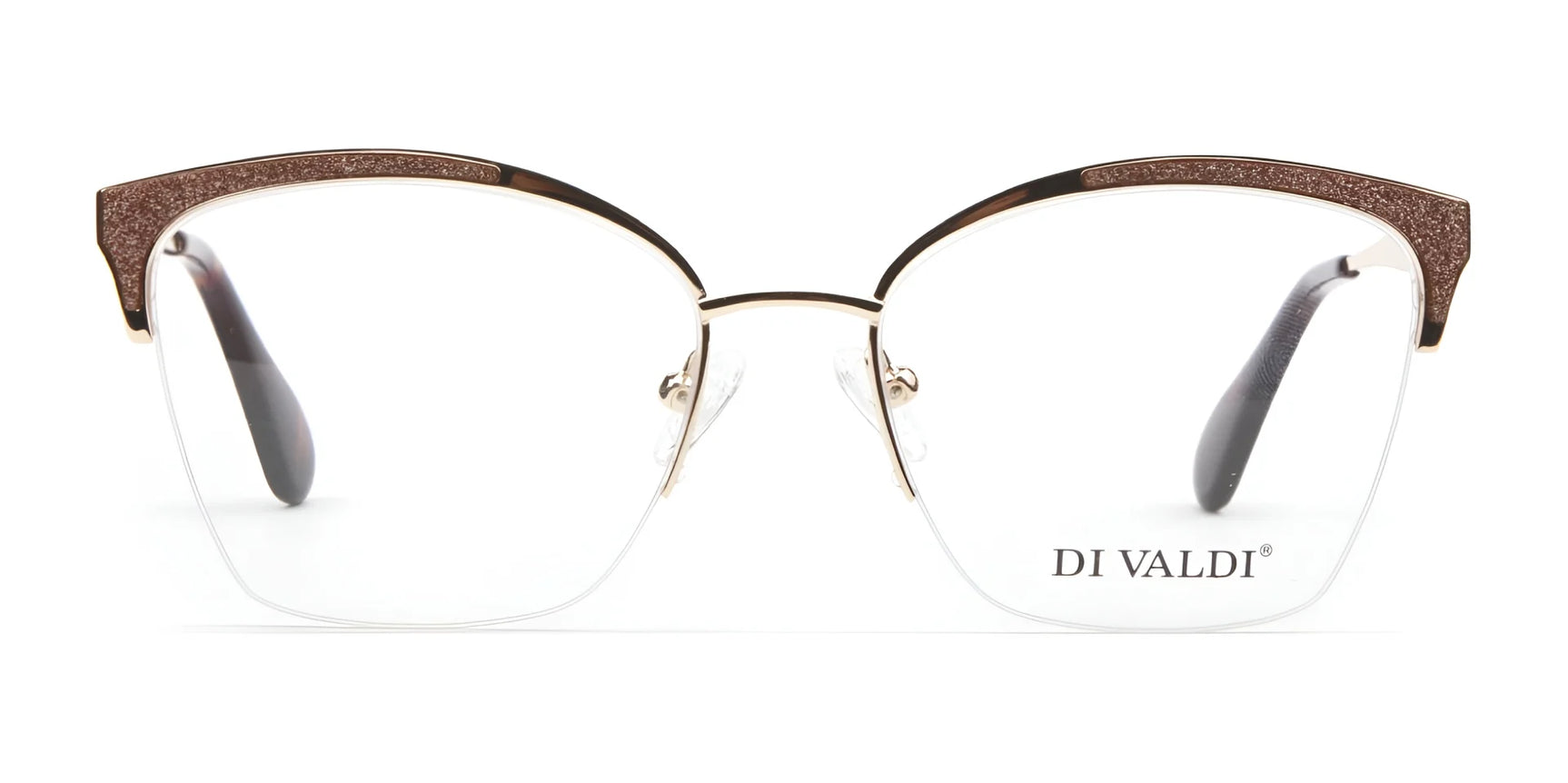 Di Valdi DVO8190 Eyeglasses | Size 54: Gold-rimmed cat-eye browline frames for women with brown glittery upper corners and clear lenses—a stylish choice from Di Valdi. Di Valdi DVO8190 Eyeglasses | Size 54: Gold-rimmed cat-eye browline frames for women with brown glittery upper corners and clear lenses—a stylish choice from Di Valdi.