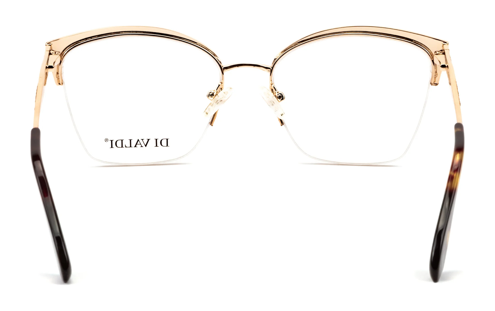 The Di Valdi DVO8190 Eyeglasses | Size 54 feature clear lenses, gold rims, and dark temples, showcased from the front on a white background. The Di Valdi DVO8190 Eyeglasses | Size 54 feature clear lenses, gold rims, and dark temples, showcased from the front on a white background.