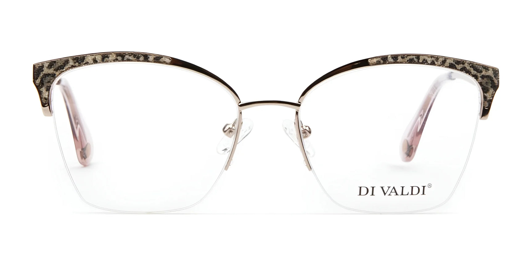 The Di Valdi DVO8190 Eyeglasses | Size 54 feature gold rims and leopard-print details on the browline, offering a chic and sophisticated eyewear option for women. The Di Valdi DVO8190 Eyeglasses | Size 54 feature gold rims and leopard-print details on the browline, offering a chic and sophisticated eyewear option for women.