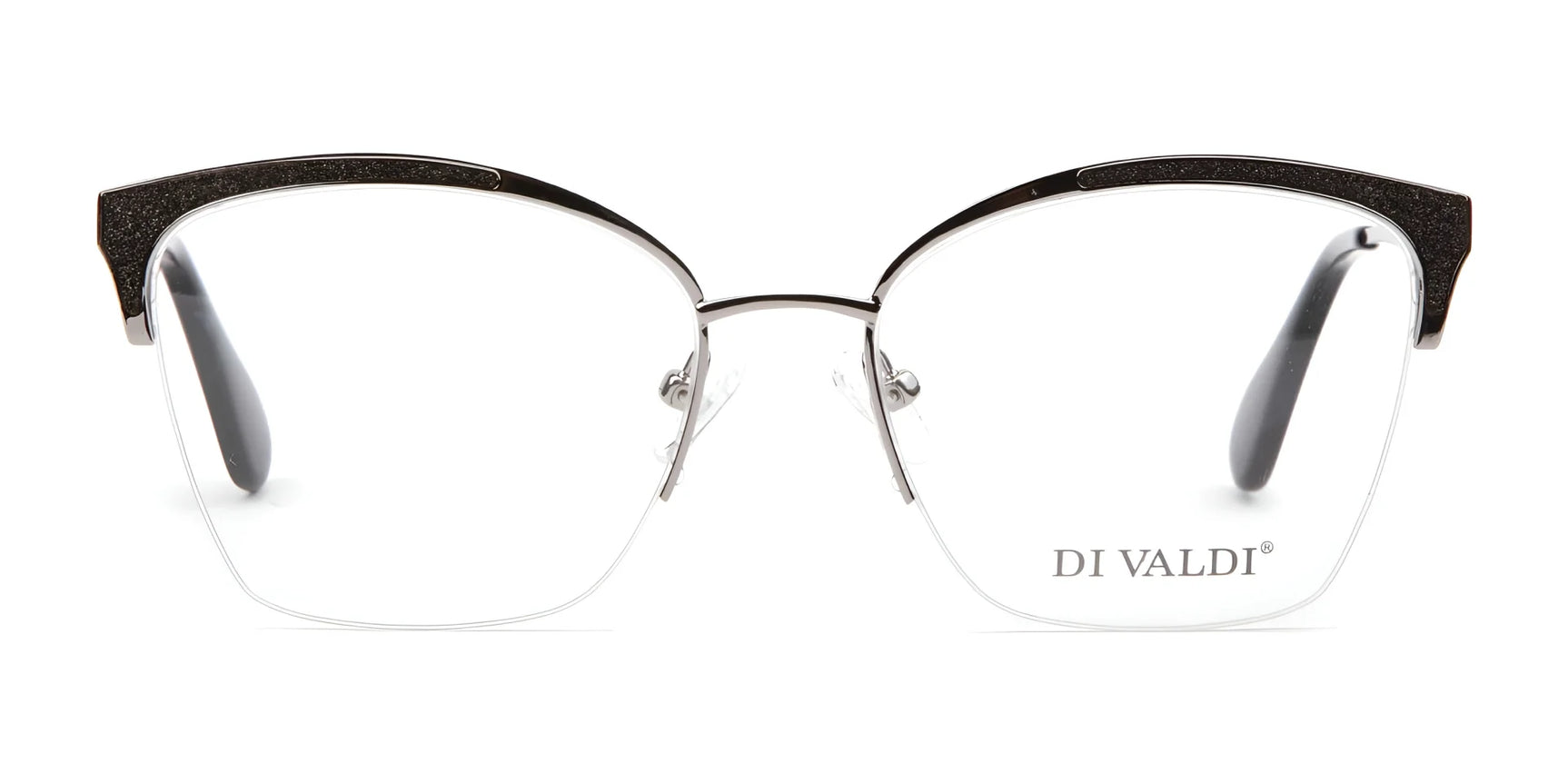 The Di Valdi DVO8190 Eyeglasses | Size 54 feature cat-eye frames with black and silver accents and clear lenses, offering a stylish modern take on women's browline glasses. The Di Valdi DVO8190 Eyeglasses | Size 54 feature cat-eye frames with black and silver accents and clear lenses, offering a stylish modern take on women's browline glasses.