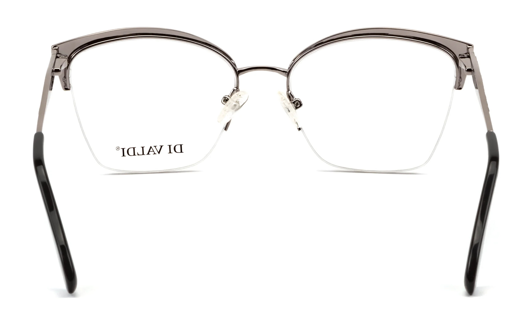 Front view of Di Valdi DVO8190 Eyeglasses | Size 54, featuring transparent frames, black arms, and the "DI VALDI" logo on the left lens—a stylish choice for fashion-forward eyewear lovers. Front view of Di Valdi DVO8190 Eyeglasses | Size 54, featuring transparent frames, black arms, and the "DI VALDI" logo on the left lens—a stylish choice for fashion-forward eyewear lovers.