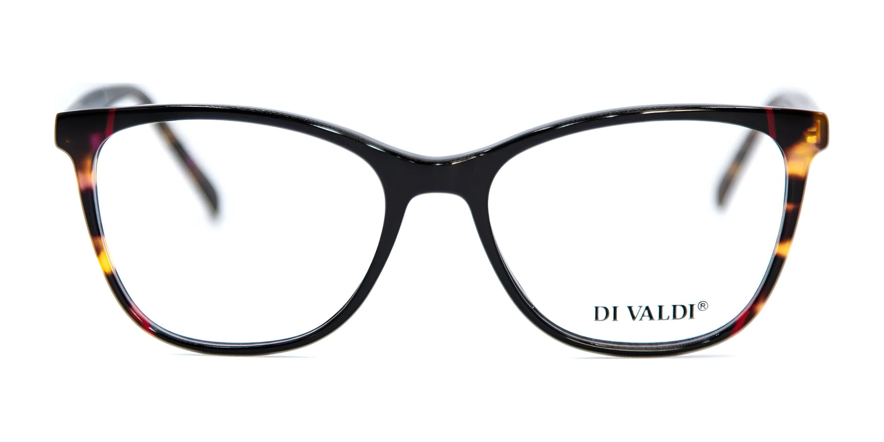 Di Valdi DVO8195 Eyeglasses (Size 53) in black cat-eye style with clear lenses, "DI VALDI" logo on the right lens, and chic acetate temples, shown on a white background. Di Valdi DVO8195 Eyeglasses (Size 53) in black cat-eye style with clear lenses, "DI VALDI" logo on the right lens, and chic acetate temples, shown on a white background.