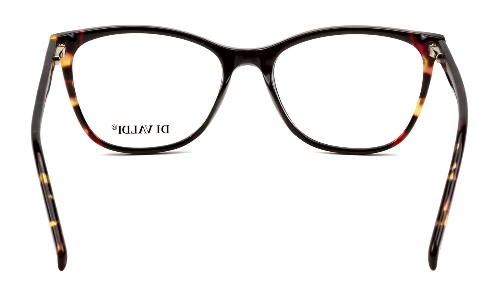 Di Valdi DVO8195 Eyeglasses in black and tortoiseshell with square rims and acetate temples, featuring the "DI VALDI" logo on the left lens. Front view shown on a white background. Size 53. Di Valdi DVO8195 Eyeglasses in black and tortoiseshell with square rims and acetate temples, featuring the "DI VALDI" logo on the left lens. Front view shown on a white background. Size 53.