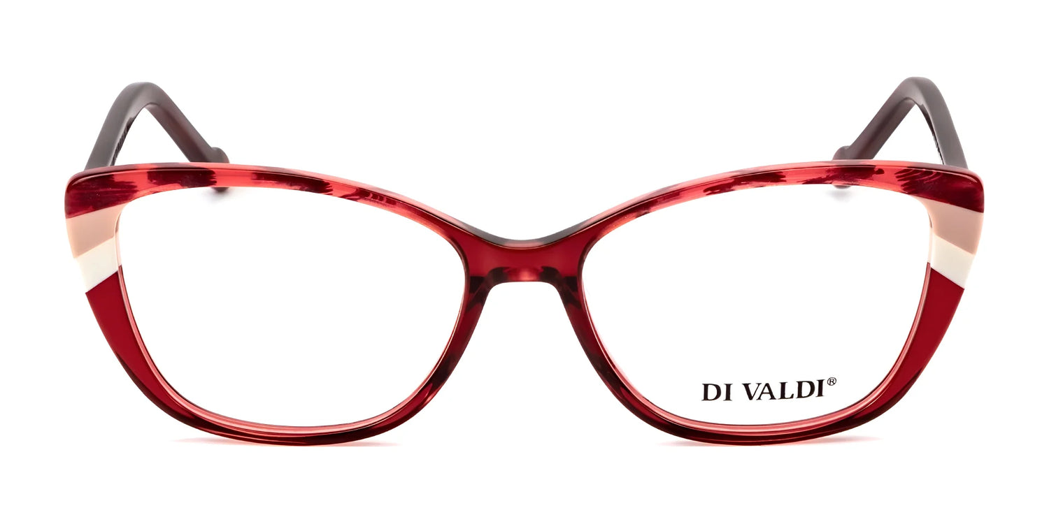 The Di Valdi DVO8206 Eyeglasses in size 52 feature chic red cat-eye frames with beige accents and the "DI VALDI" logo on the right lens, adding elegance to any eyewear collection. The Di Valdi DVO8206 Eyeglasses in size 52 feature chic red cat-eye frames with beige accents and the "DI VALDI" logo on the right lens, adding elegance to any eyewear collection.