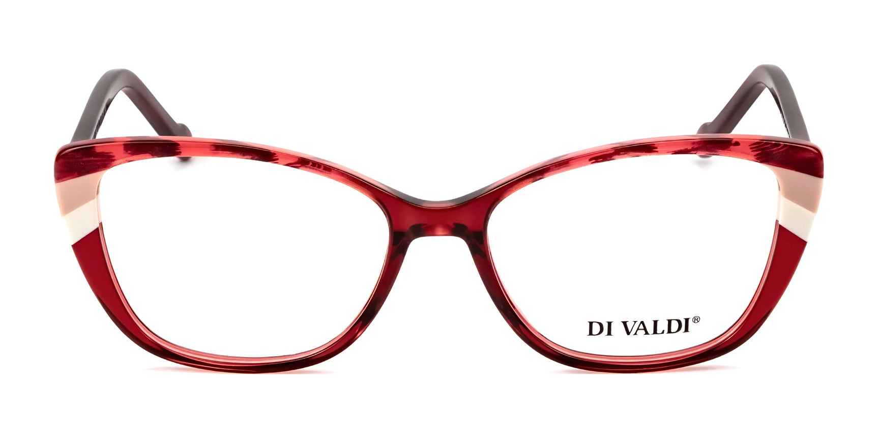 The Di Valdi DVO8206 Eyeglasses in size 52 feature chic red cat-eye frames with beige accents and the "DI VALDI" logo on the right lens, adding elegance to any eyewear collection. The Di Valdi DVO8206 Eyeglasses in size 52 feature chic red cat-eye frames with beige accents and the "DI VALDI" logo on the right lens, adding elegance to any eyewear collection.