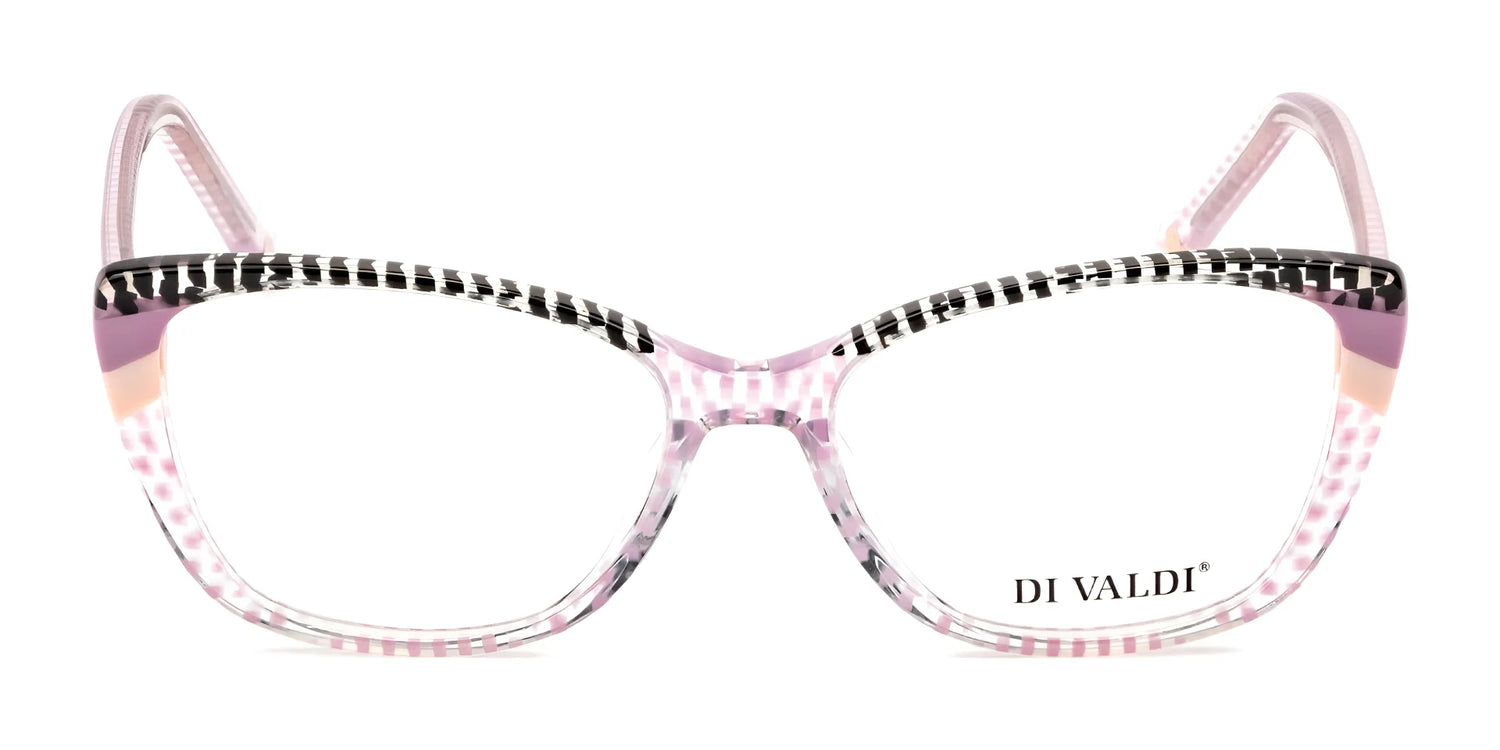 Di Valdi DVO8206 Eyeglasses (Size 52) feature a bold cat eye design with a striped pink, black, and white pattern and "Di Valdi" branding on the lens—ideal for standout fashion eyewear seekers. Di Valdi DVO8206 Eyeglasses (Size 52) feature a bold cat eye design with a striped pink, black, and white pattern and "Di Valdi" branding on the lens—ideal for standout fashion eyewear seekers.