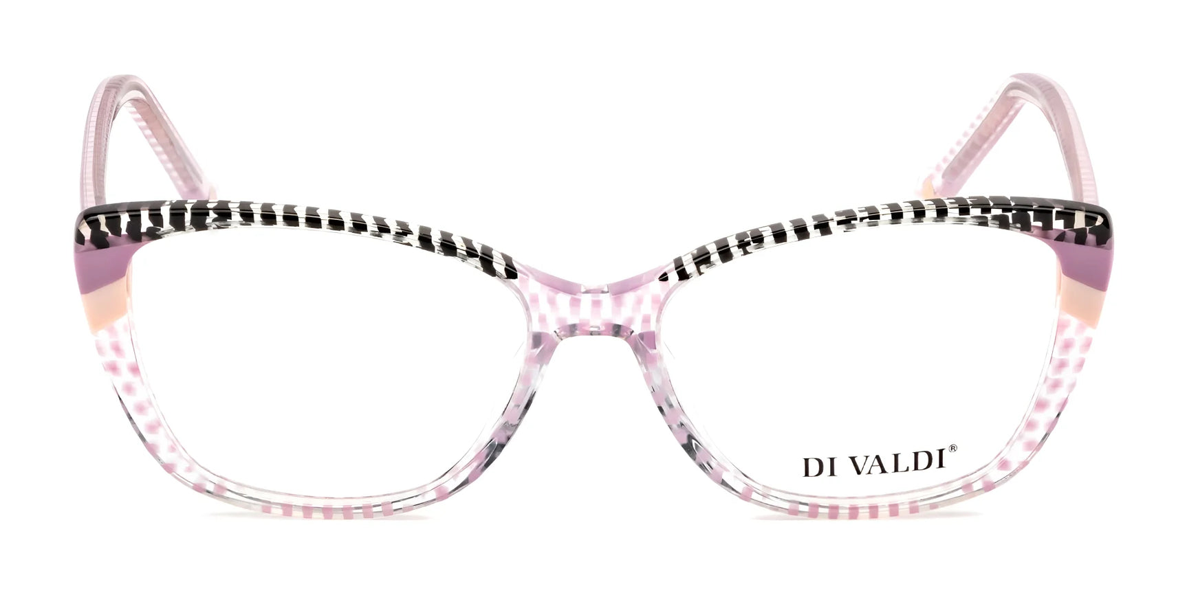 Di Valdi DVO8206 Eyeglasses (Size 52) feature a bold cat eye design with a striped pink, black, and white pattern and "Di Valdi" branding on the lens—ideal for standout fashion eyewear seekers. Di Valdi DVO8206 Eyeglasses (Size 52) feature a bold cat eye design with a striped pink, black, and white pattern and "Di Valdi" branding on the lens—ideal for standout fashion eyewear seekers.