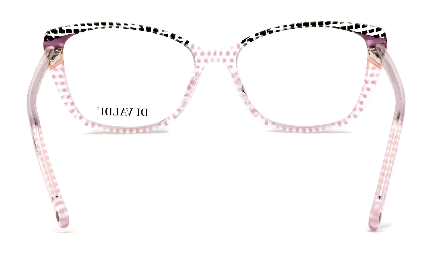Front view of Di Valdi DVO8206 Eyeglasses | Size 52 in pink and white checkered pattern with clear arms and Di Valdi branding on the left lens—a stylish pick for fashion eyewear fans. Front view of Di Valdi DVO8206 Eyeglasses | Size 52 in pink and white checkered pattern with clear arms and Di Valdi branding on the left lens—a stylish pick for fashion eyewear fans.