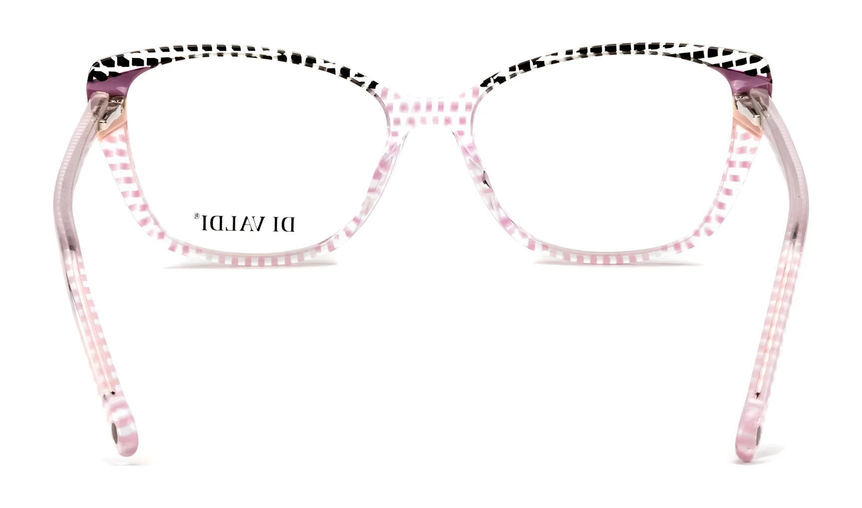 Front view of Di Valdi DVO8206 Eyeglasses | Size 52 in pink and white checkered pattern with clear arms and Di Valdi branding on the left lens—a stylish pick for fashion eyewear fans. Front view of Di Valdi DVO8206 Eyeglasses | Size 52 in pink and white checkered pattern with clear arms and Di Valdi branding on the left lens—a stylish pick for fashion eyewear fans.