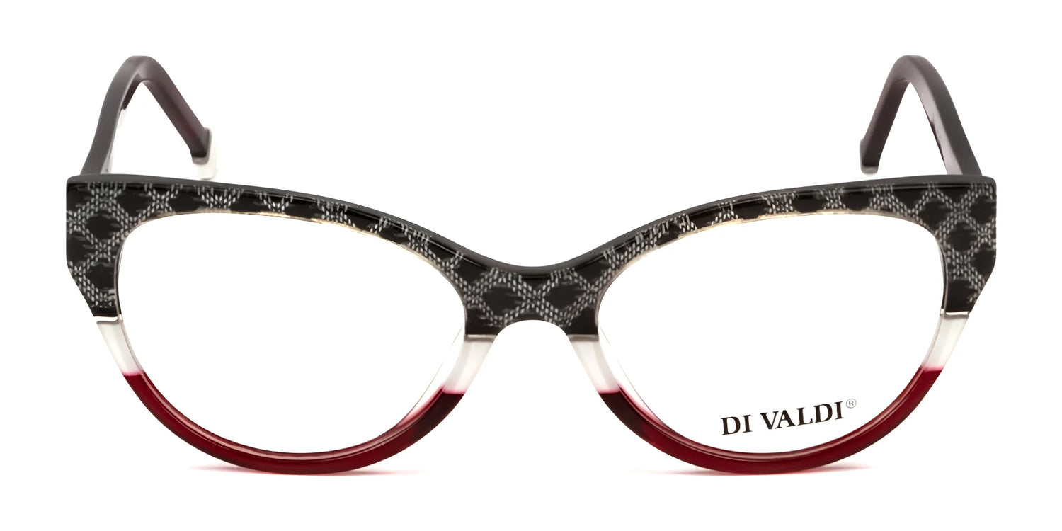The Di Valdi DVO8213 Eyeglasses | Size 53 feature a black patterned top, white middle, and red bottom rims, with "DI VALDI" inscribed on the lens for a bold statement look. The Di Valdi DVO8213 Eyeglasses | Size 53 feature a black patterned top, white middle, and red bottom rims, with "DI VALDI" inscribed on the lens for a bold statement look.
