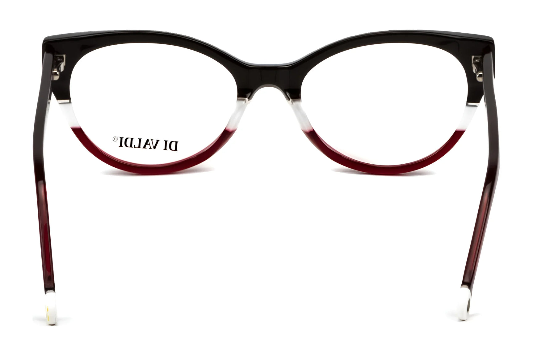 Di Valdi DVO8213 Eyeglasses | Size 53 feature round lenses with black upper rims, clear middles, and red lower rims. Prescription ready and shown from the front. Brand: Di Valdi. Di Valdi DVO8213 Eyeglasses | Size 53 feature round lenses with black upper rims, clear middles, and red lower rims. Prescription ready and shown from the front. Brand: Di Valdi.