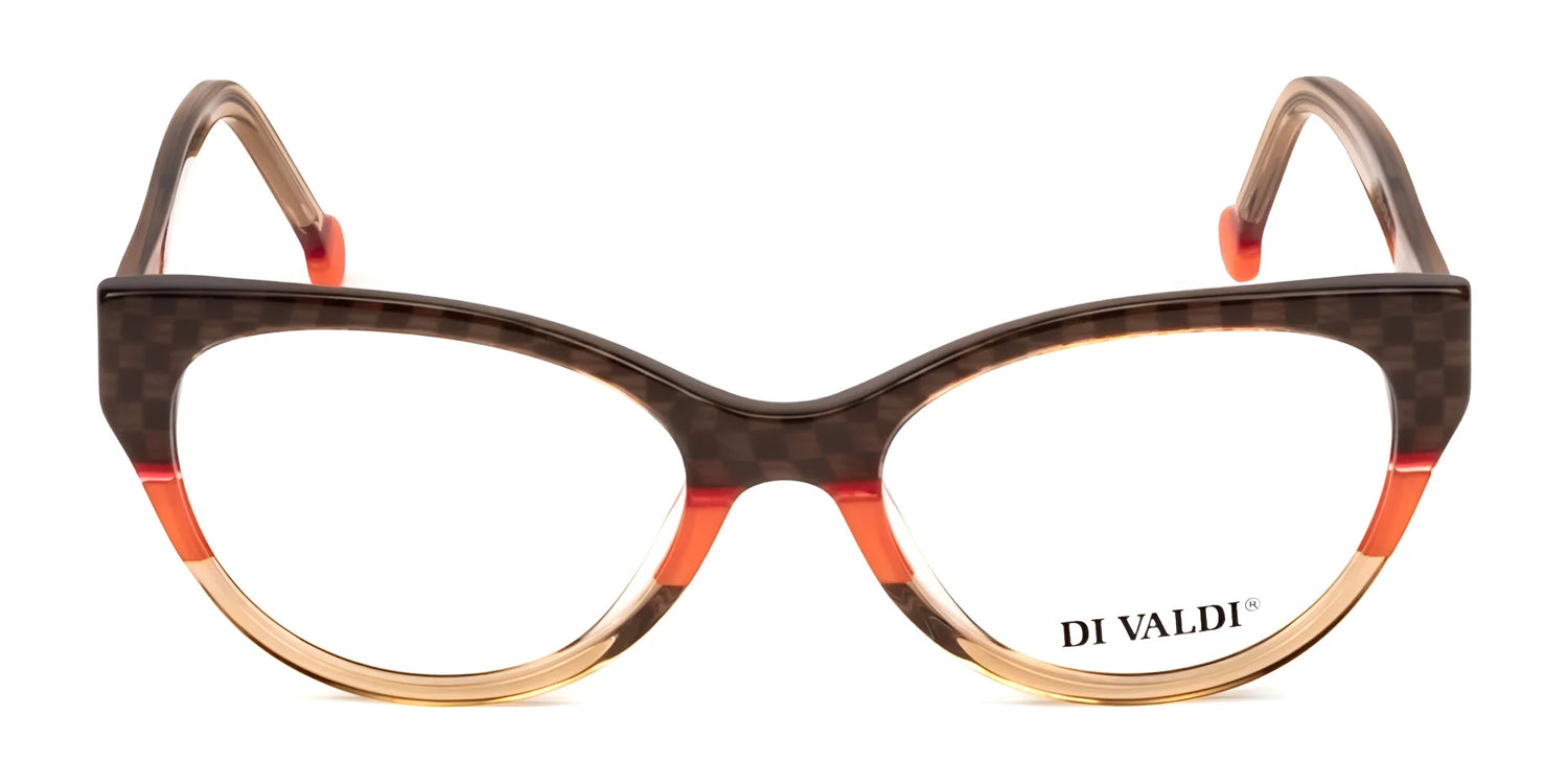 The Di Valdi DVO8213 Eyeglasses | Size 53 feature a brown and orange cat eye design with a checkered pattern, "DI VALDI" logo on the lens, and are prescription ready. The Di Valdi DVO8213 Eyeglasses | Size 53 feature a brown and orange cat eye design with a checkered pattern, "DI VALDI" logo on the lens, and are prescription ready.