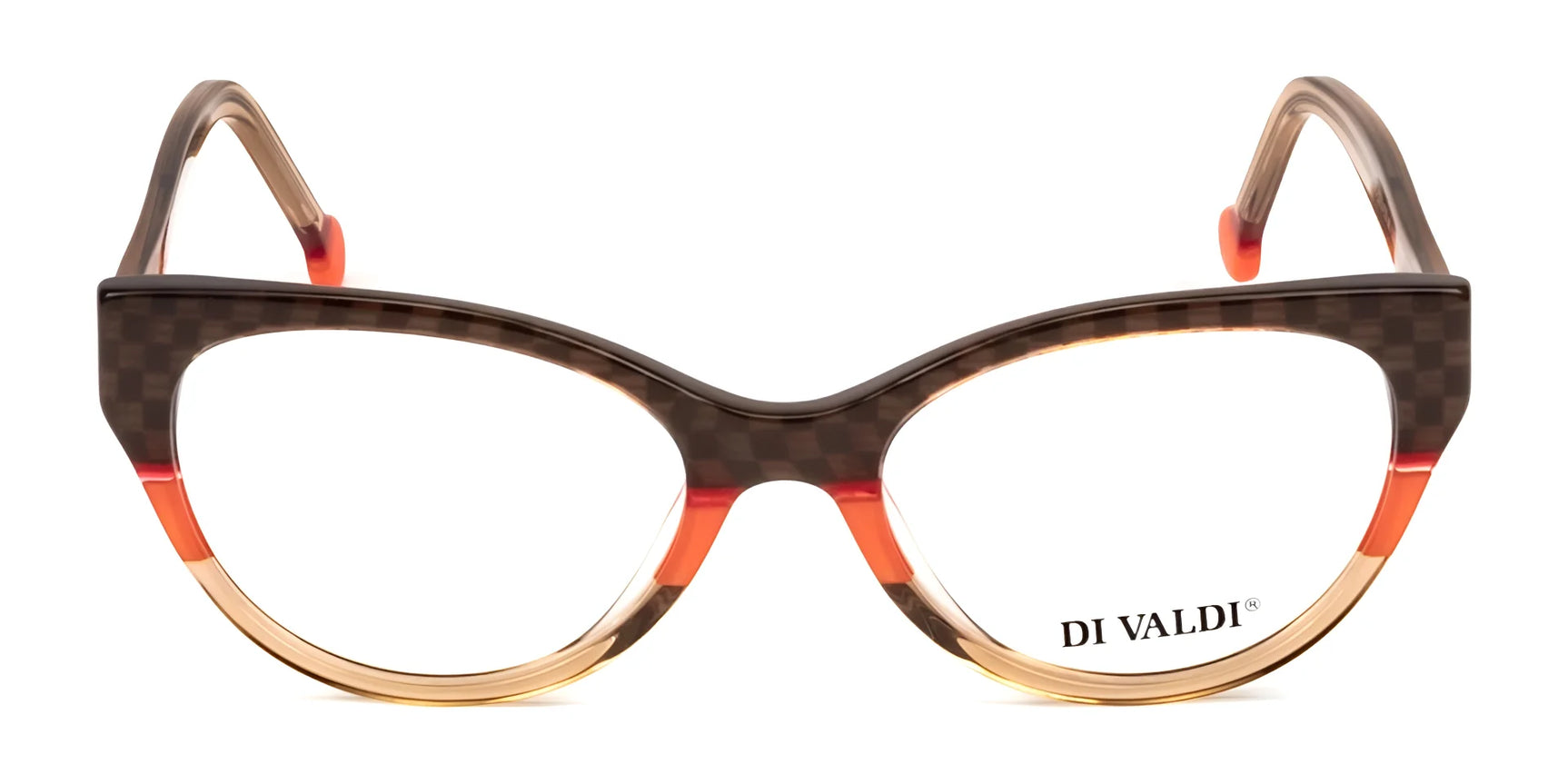 The Di Valdi DVO8213 Eyeglasses | Size 53 feature a brown and orange cat eye design with a checkered pattern, "DI VALDI" logo on the lens, and are prescription ready. The Di Valdi DVO8213 Eyeglasses | Size 53 feature a brown and orange cat eye design with a checkered pattern, "DI VALDI" logo on the lens, and are prescription ready.