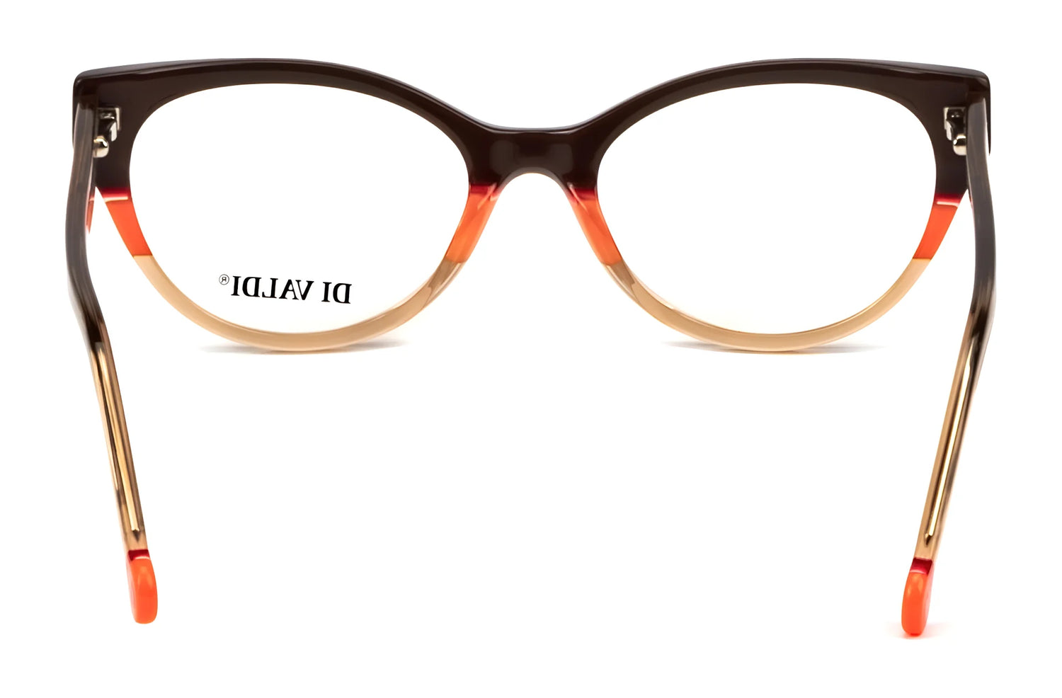 Di Valdi DVO8213 Eyeglasses (Size 53) by Di Valdi feature a cat eye shape with brown, orange, and beige gradient frames, seen from the front with "DI VALID!" on the lens. Prescription ready for your convenience. Di Valdi DVO8213 Eyeglasses (Size 53) by Di Valdi feature a cat eye shape with brown, orange, and beige gradient frames, seen from the front with "DI VALID!" on the lens. Prescription ready for your convenience.