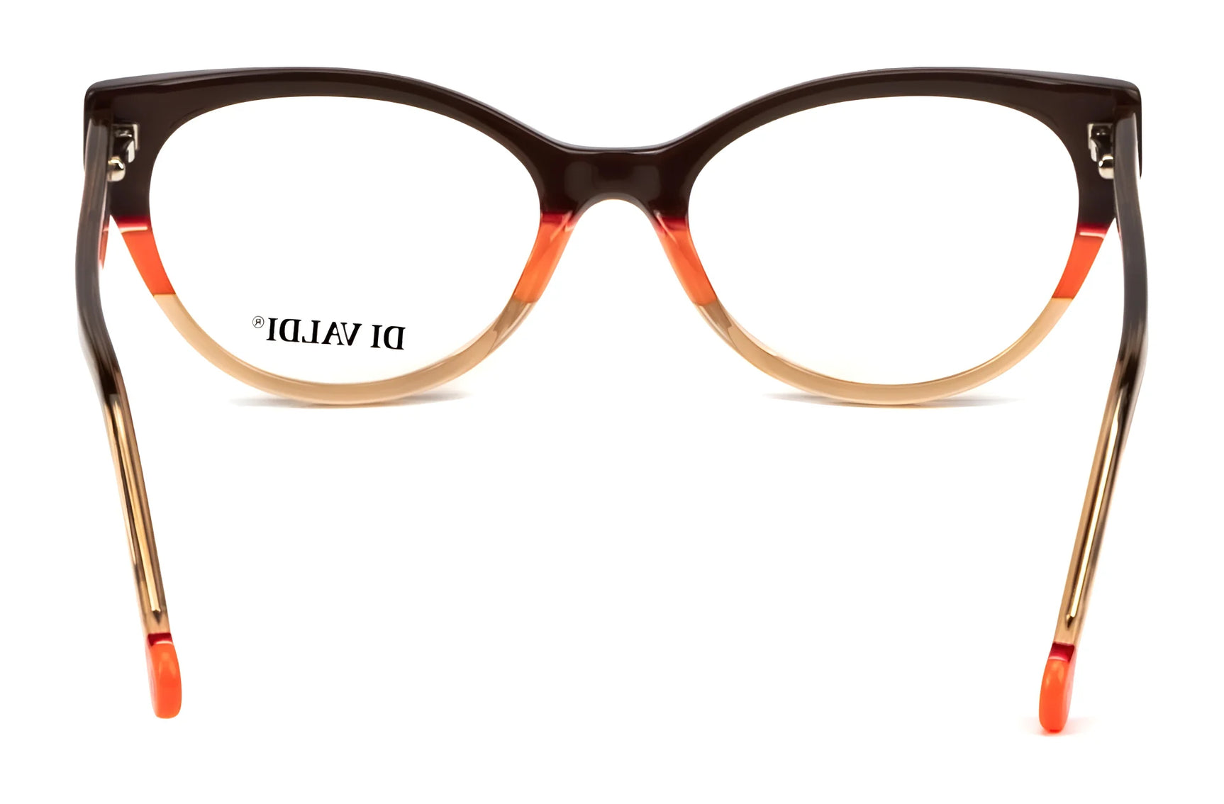 Di Valdi DVO8213 Eyeglasses (Size 53) by Di Valdi feature a cat eye shape with brown, orange, and beige gradient frames, seen from the front with "DI VALID!" on the lens. Prescription ready for your convenience. Di Valdi DVO8213 Eyeglasses (Size 53) by Di Valdi feature a cat eye shape with brown, orange, and beige gradient frames, seen from the front with "DI VALID!" on the lens. Prescription ready for your convenience.