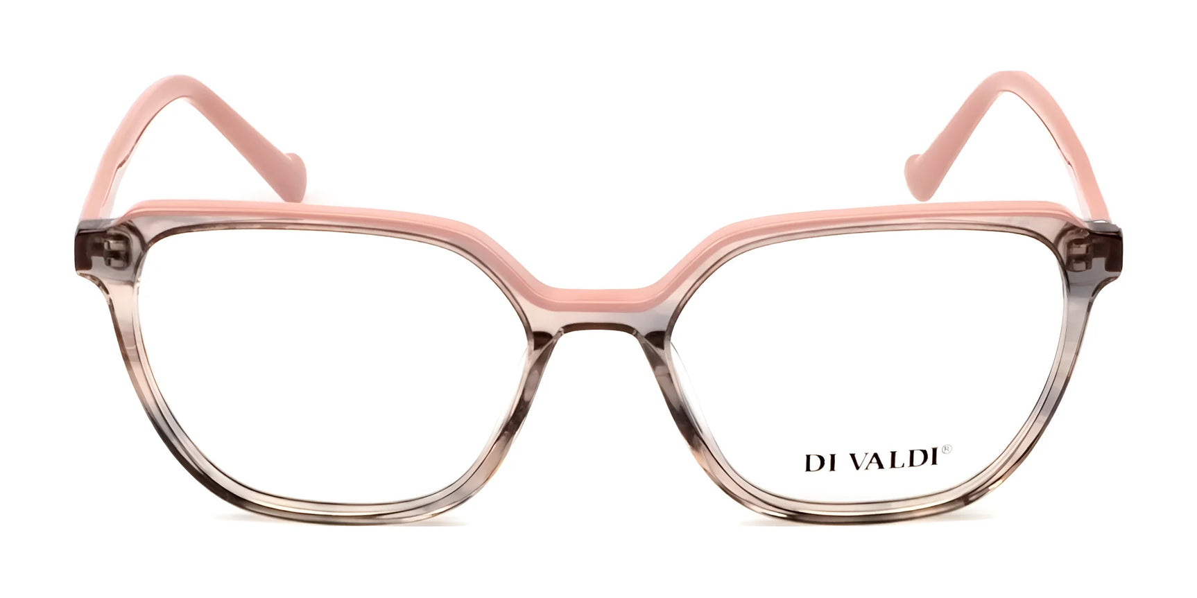 The Di Valdi DVO8218 Eyeglasses in clear and pink feature a subtle cat-eye shape for a stylish look, are prescription-ready, and shown front view. Brand: Di Valdi. Size: 53. The Di Valdi DVO8218 Eyeglasses in clear and pink feature a subtle cat-eye shape for a stylish look, are prescription-ready, and shown front view. Brand: Di Valdi. Size: 53.