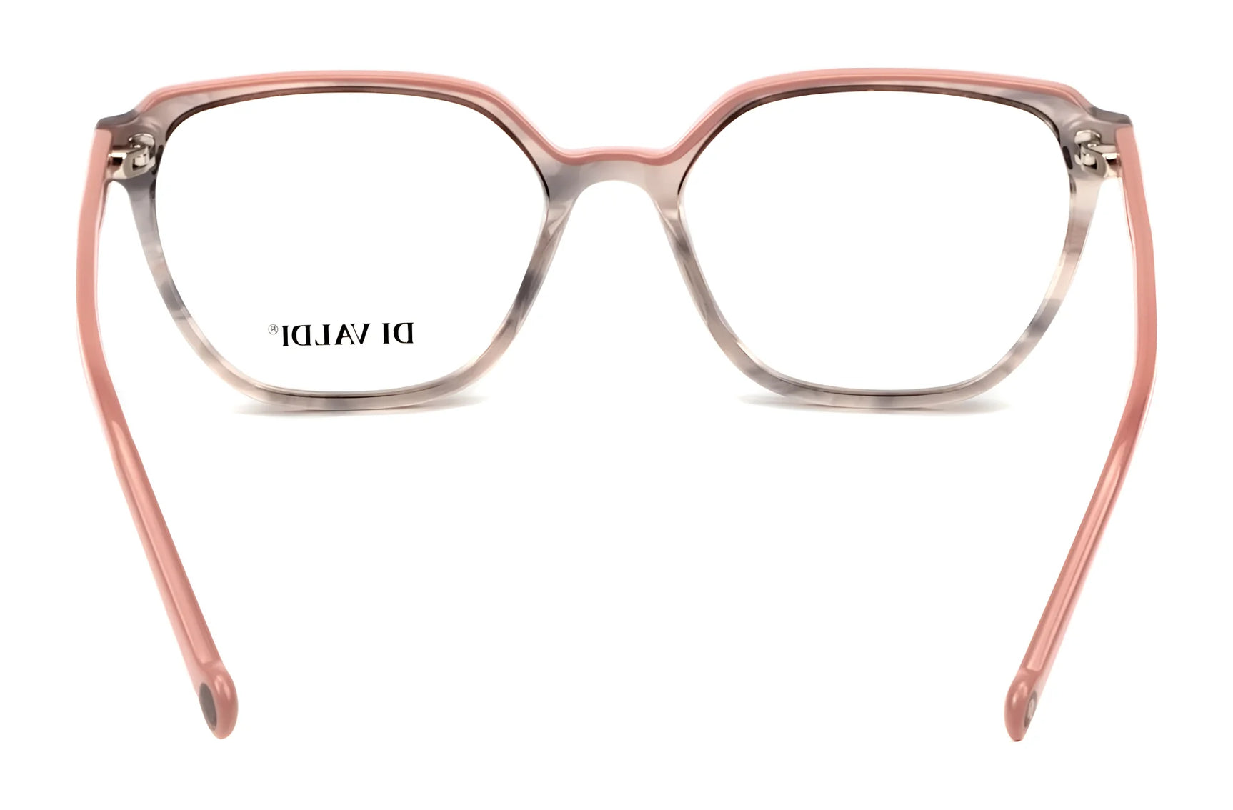 Di Valdi DVO8218 Eyeglasses | Size 53 in pink and clear acetate, shown front view with "DI VALDI" on one lens—stylish, brand-name frames that are prescription ready. Di Valdi DVO8218 Eyeglasses | Size 53 in pink and clear acetate, shown front view with "DI VALDI" on one lens—stylish, brand-name frames that are prescription ready.