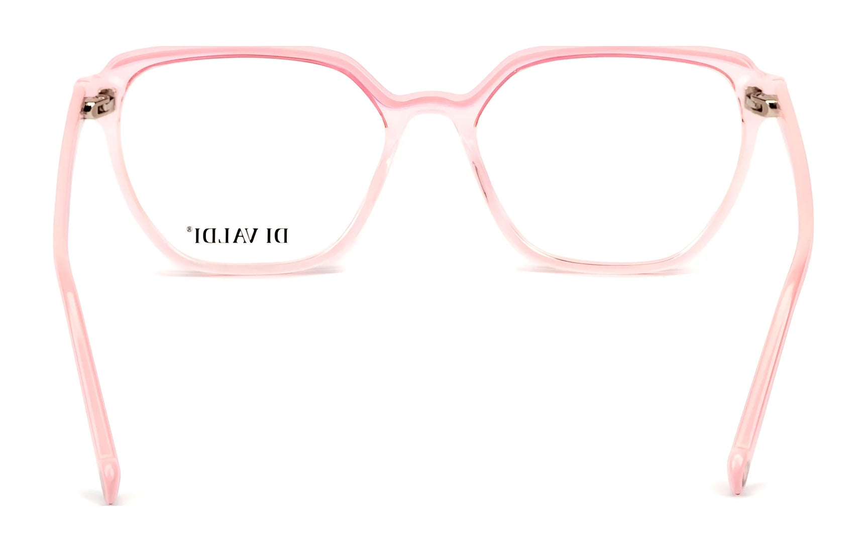 Di Valdi DVO8218 Eyeglasses | Size 53—stylish pink square frames with clear, prescription-ready lenses and reversed "DI VALDI" text on the inside left lens. Di Valdi DVO8218 Eyeglasses | Size 53—stylish pink square frames with clear, prescription-ready lenses and reversed "DI VALDI" text on the inside left lens.