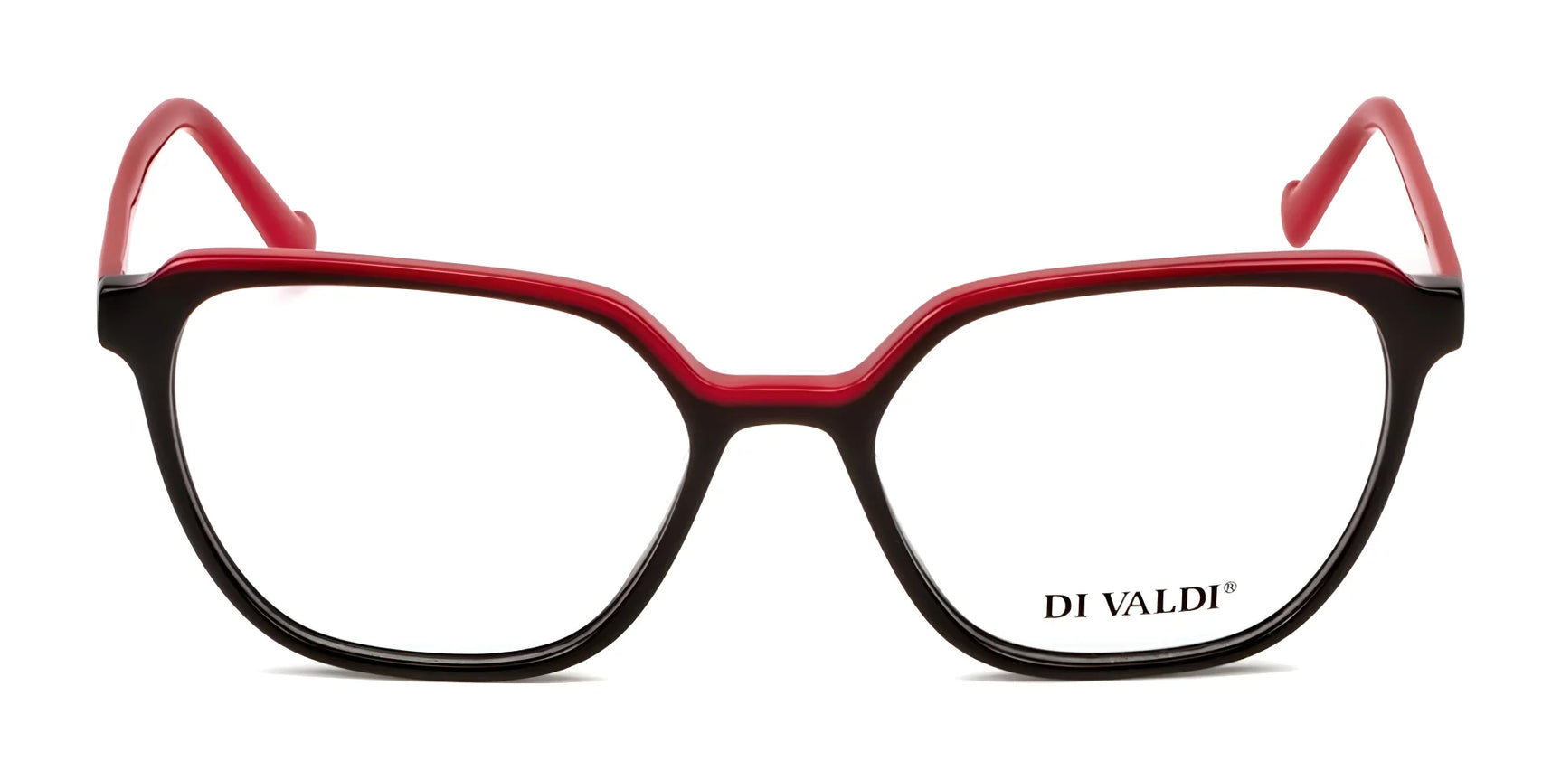 Di Valdi DVO8218 Eyeglasses in black and red cat-eye frames, branded on the right lens, are stylish and prescription ready for your convenience. Size 53. Di Valdi DVO8218 Eyeglasses in black and red cat-eye frames, branded on the right lens, are stylish and prescription ready for your convenience. Size 53.