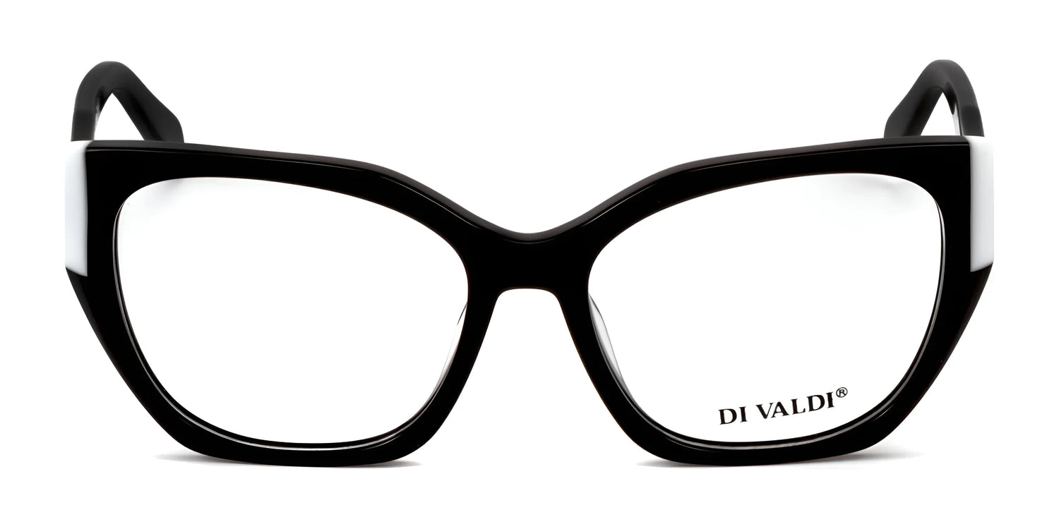 Di Valdi DVO8224 cat-eye eyeglasses in black with clear lenses, prescription ready, featuring Di Valdi branding on the bottom right lens. Size 55. Di Valdi DVO8224 cat-eye eyeglasses in black with clear lenses, prescription ready, featuring Di Valdi branding on the bottom right lens. Size 55.