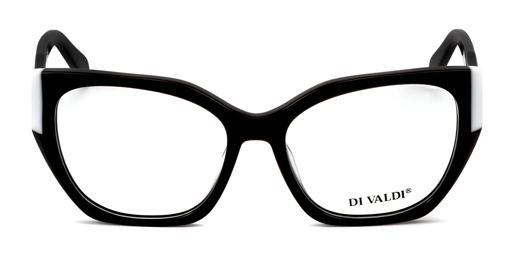 Di Valdi DVO8224 cat-eye eyeglasses in black with clear lenses, prescription ready, featuring Di Valdi branding on the bottom right lens. Size 55. Di Valdi DVO8224 cat-eye eyeglasses in black with clear lenses, prescription ready, featuring Di Valdi branding on the bottom right lens. Size 55.