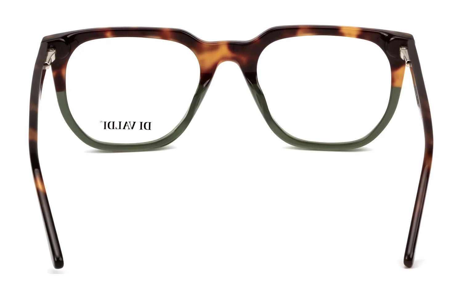 A pair of Di Valdi DVO8227 Eyeglasses | Size 53 in tortoiseshell, viewed from the back, with "DI VALDI" printed in reverse on one lens. These cat eye frames blend style and practicality and are prescription ready. A pair of Di Valdi DVO8227 Eyeglasses | Size 53 in tortoiseshell, viewed from the back, with "DI VALDI" printed in reverse on one lens. These cat eye frames blend style and practicality and are prescription ready.