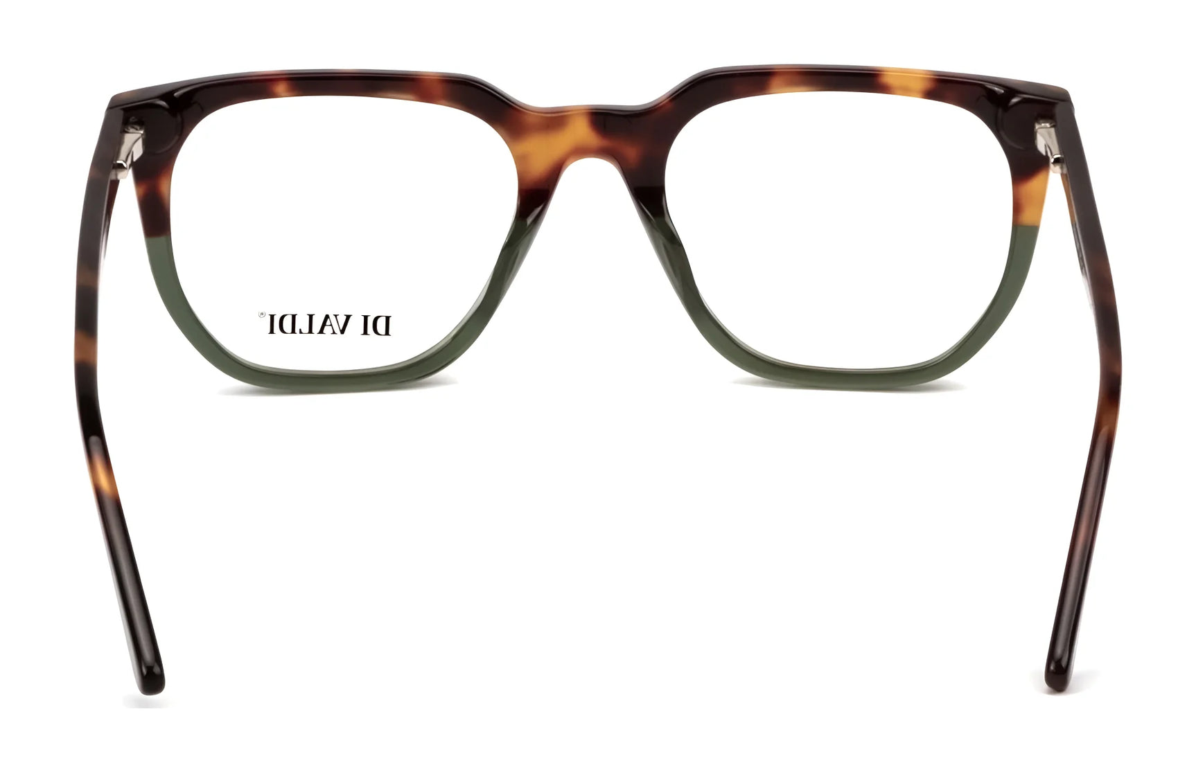 A pair of Di Valdi DVO8227 Eyeglasses | Size 53 in tortoiseshell, viewed from the back, with "DI VALDI" printed in reverse on one lens. These cat eye frames blend style and practicality and are prescription ready. A pair of Di Valdi DVO8227 Eyeglasses | Size 53 in tortoiseshell, viewed from the back, with "DI VALDI" printed in reverse on one lens. These cat eye frames blend style and practicality and are prescription ready.